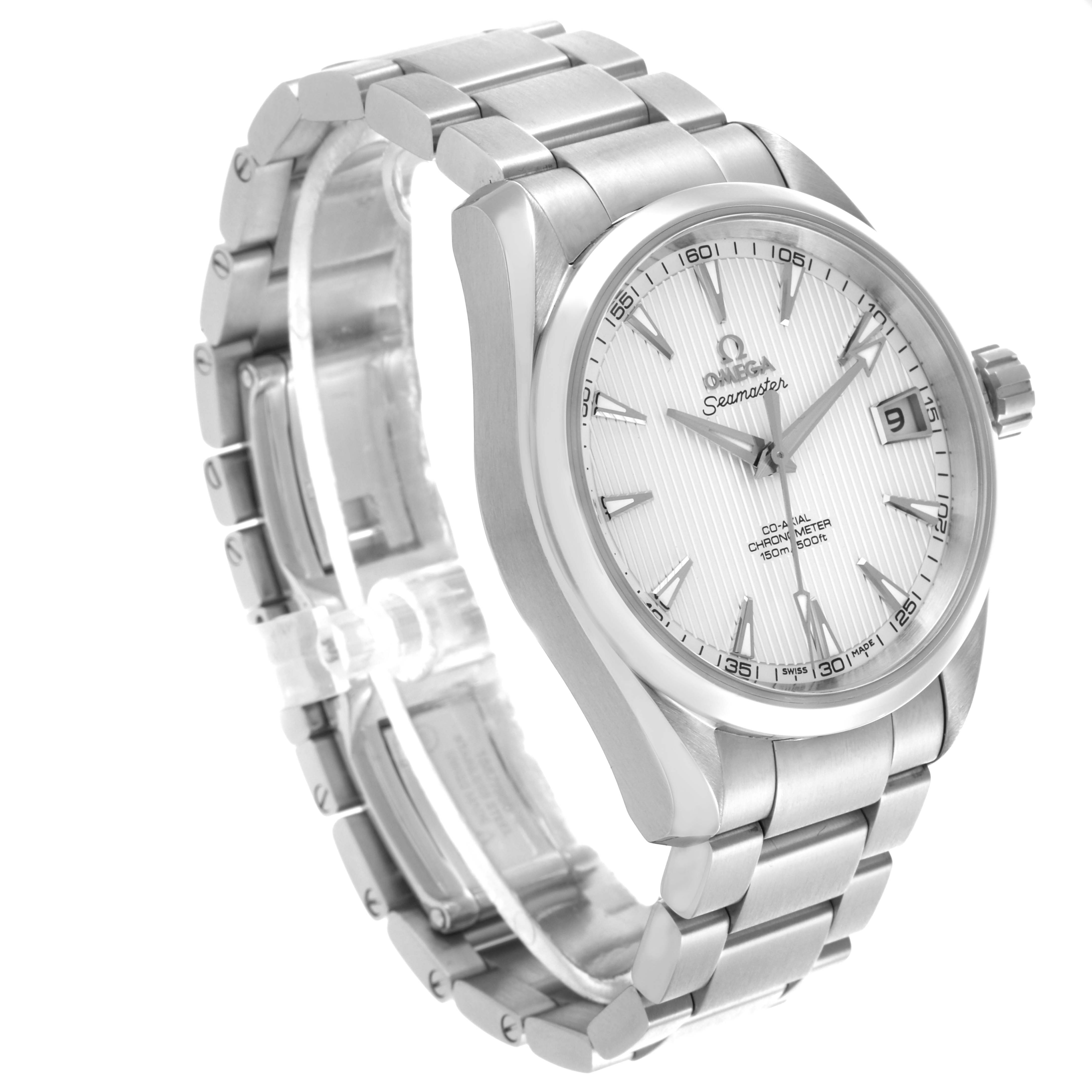 The Omega Aqua Terra 231.10.39.21.02.002 Men's Stainless Steel Silver Dial 231.10.39.21.02.002 Men's Stainless Steel Silver Dial watch is shown at a three-quarter angle, displaying the face, case, crown, and bracelet.