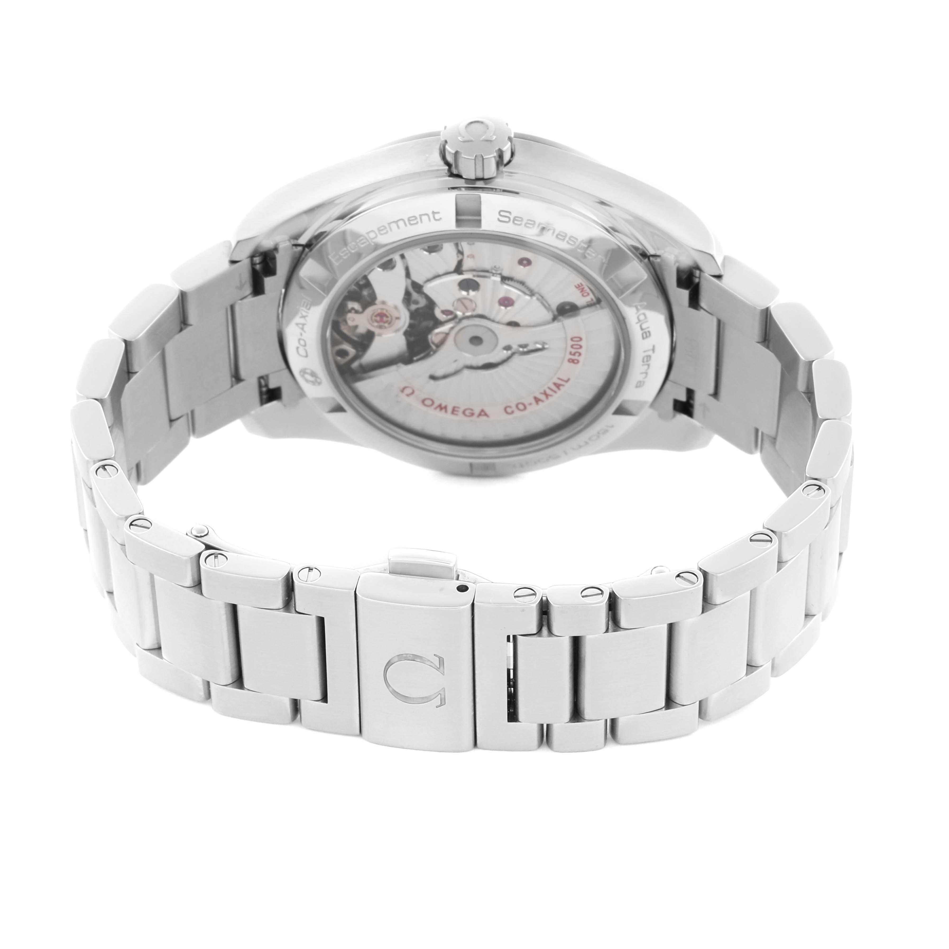 The Omega Aqua Terra 231.10.39.21.02.002 Men's Stainless Steel Silver Dial 231.10.39.21.02.002 Men's Stainless Steel Silver Dial watch is shown from the back, highlighting the transparent case back and bracelet.