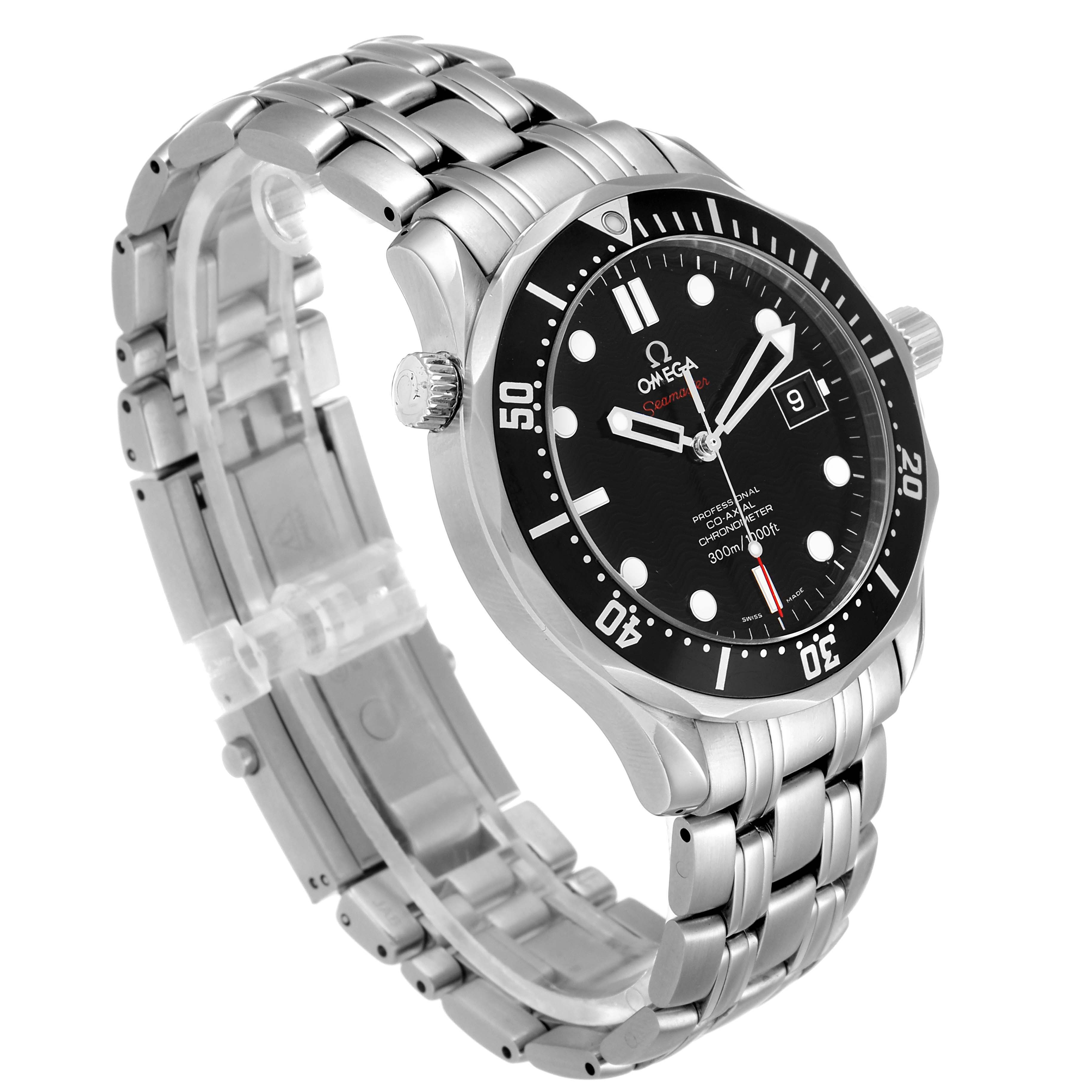 The image shows an Omega Seamaster 212.30.41.20.01.002 Men
s Stainless Steel Black Dial 212.30.41.20.01.002 Men
s Stainless Steel Black Dial watch at a three-quarter angle, highlighting its bezel, dial, crown, and stainless steel bracelet.