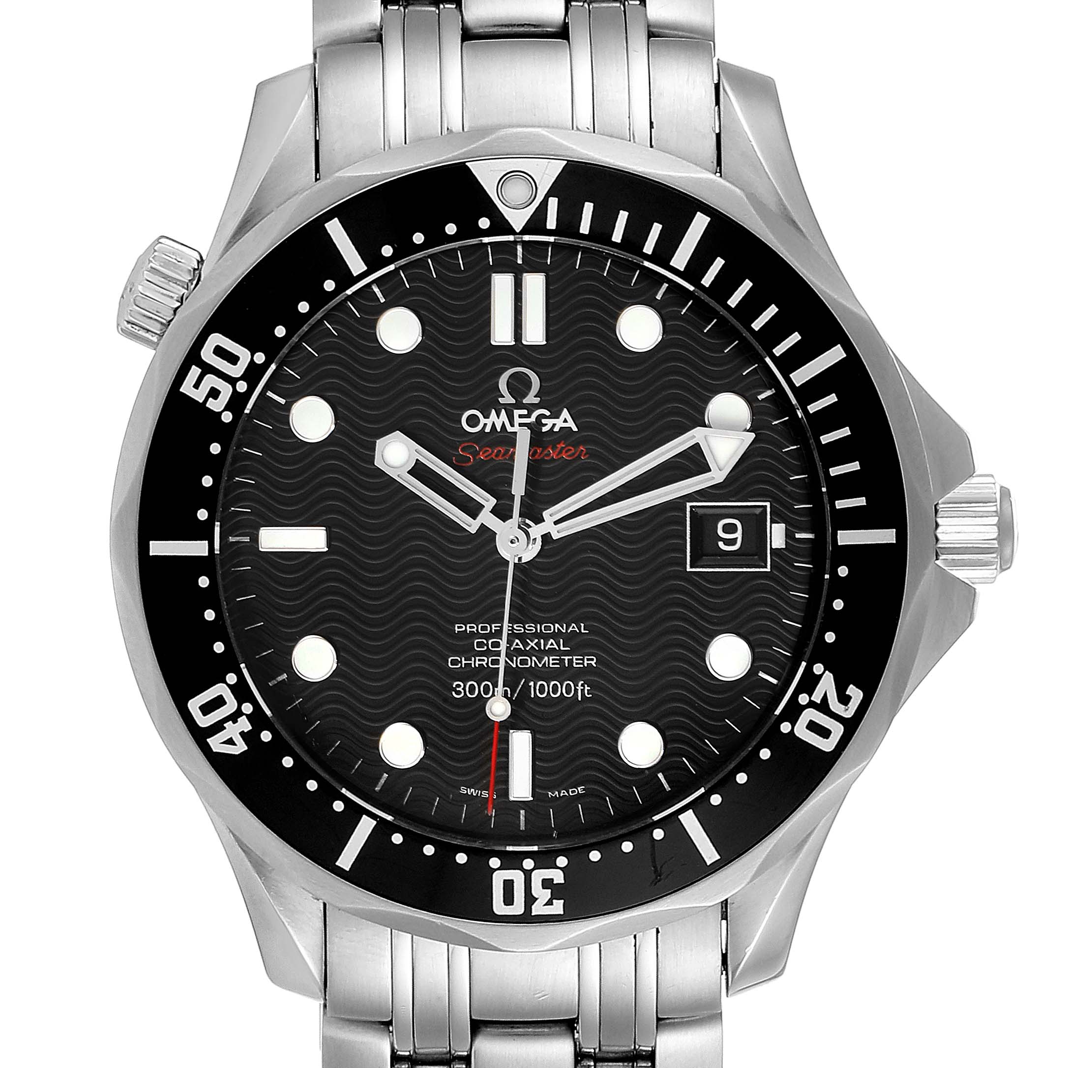 The image shows a front view of the Omega Seamaster 212.30.41.20.01.002 Men
s Stainless Steel Black Dial 212.30.41.20.01.002 Men
s Stainless Steel Black Dial watch, highlighting the face, bezel, and part of the bracelet.