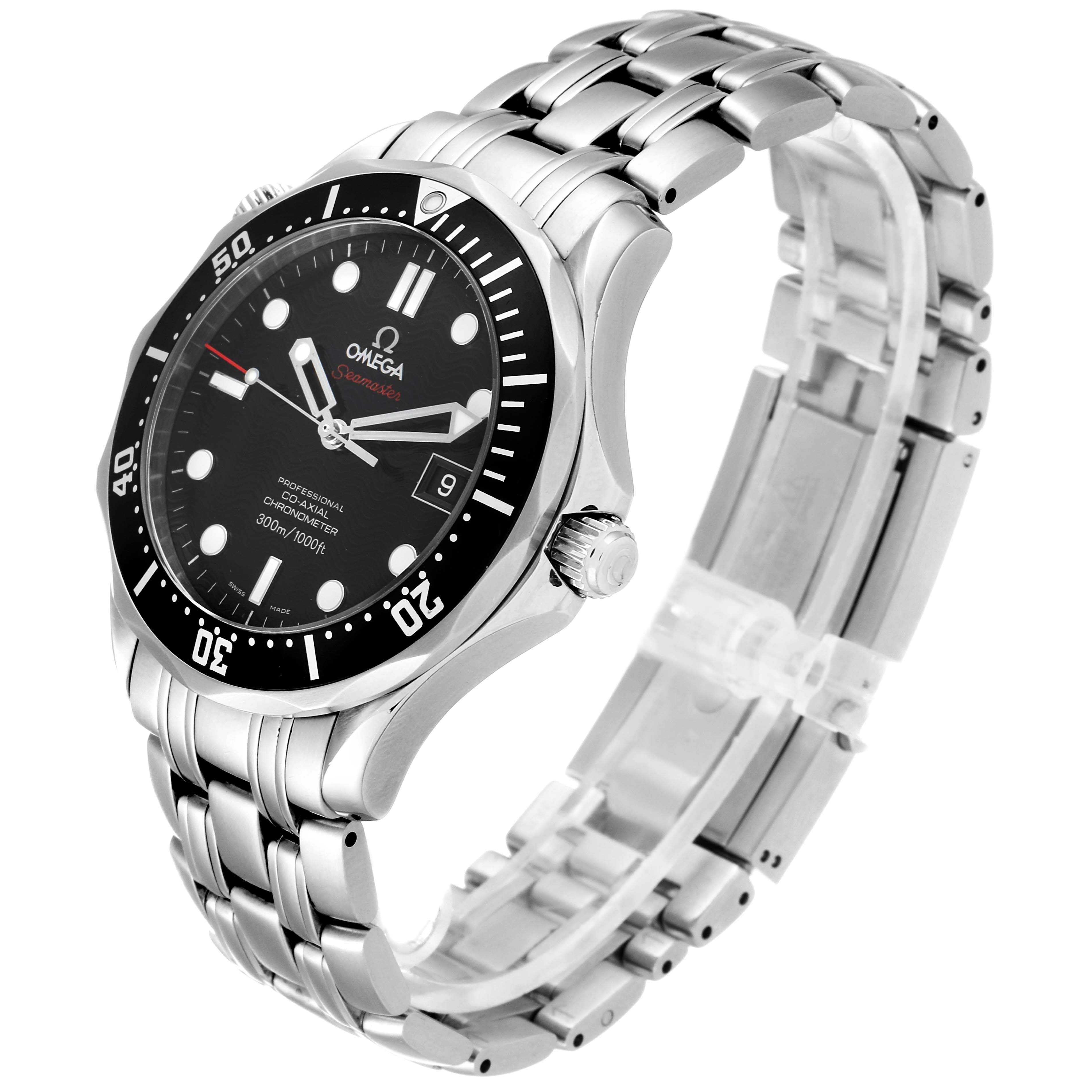 The image shows an angled side view of an Omega Seamaster 212.30.41.20.01.002 Men
s Stainless Steel Black Dial 212.30.41.20.01.002 Men
s Stainless Steel Black Dial watch, displaying the dial, bezel, crown, and metal bracelet.