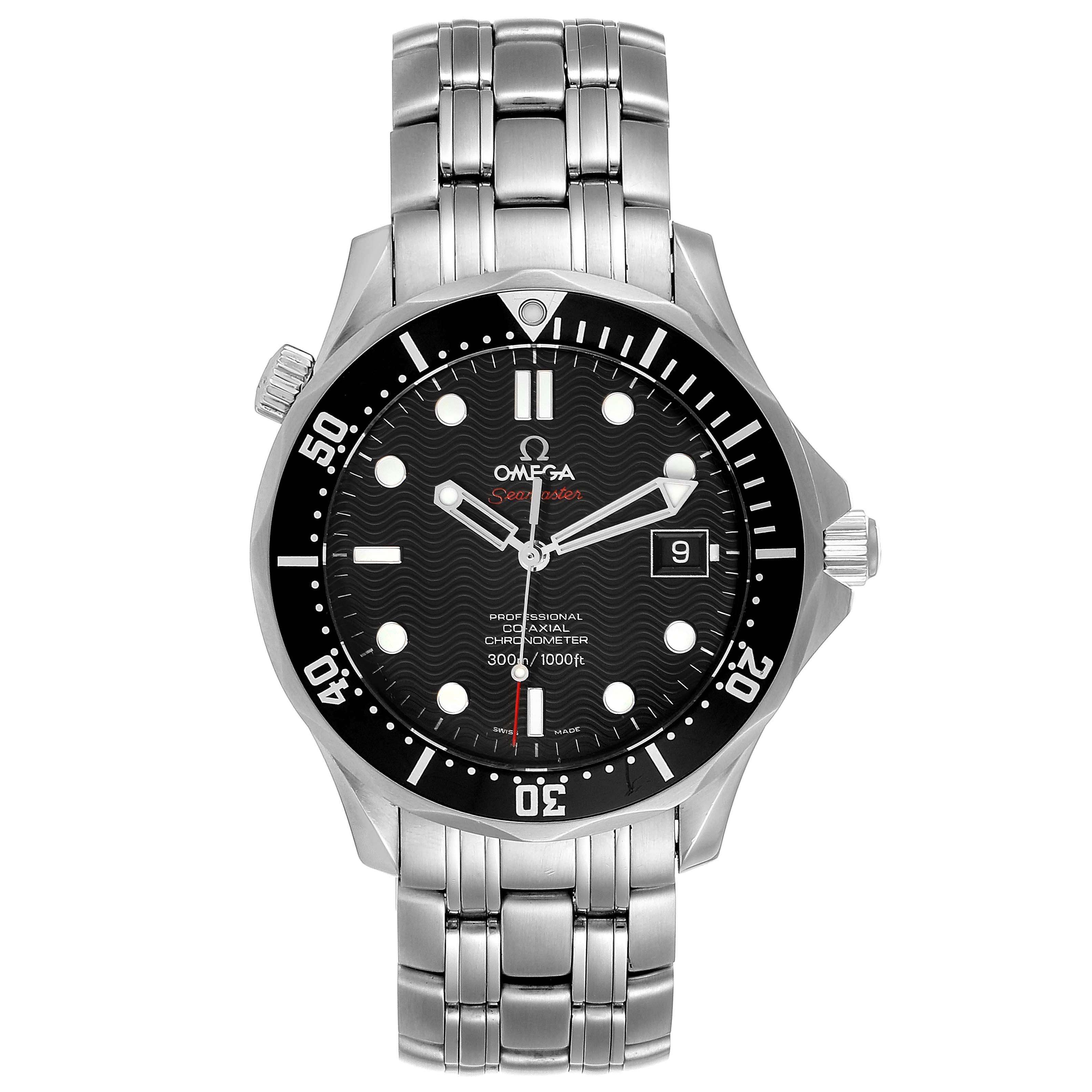 The image shows a frontal view of the Omega Seamaster 212.30.41.20.01.002 Men
s Stainless Steel Black Dial 212.30.41.20.01.002 Men
s Stainless Steel Black Dial watch, displaying its dial, bezel, crown, and bracelet.