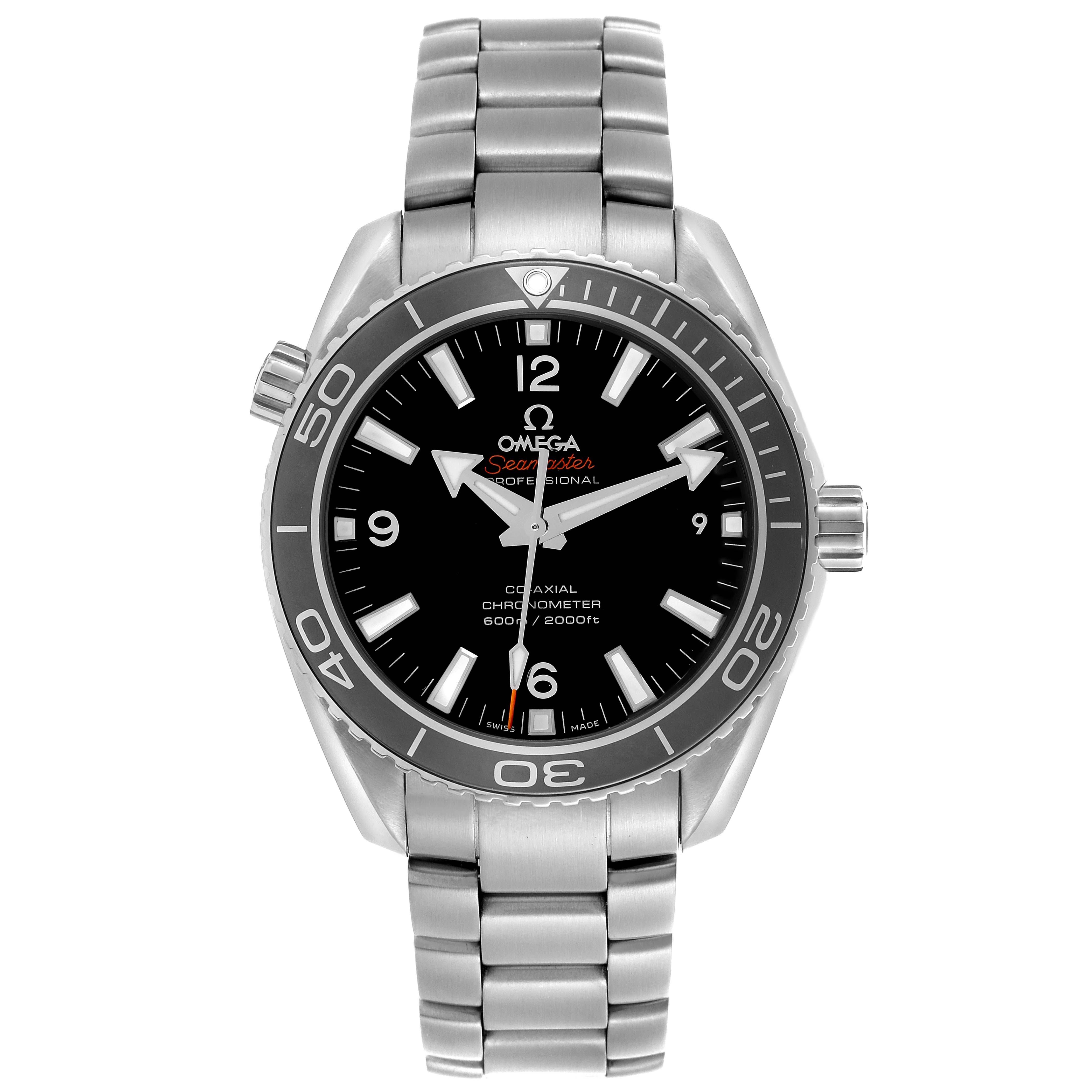 The Omega Planet Ocean 232.30.42.21.01.001 Men
s Stainless Steel Black Dial 232.30.42.21.01.001 Men
s Stainless Steel Black Dial watch is shown from a front angle, displaying the dial, bezel, and stainless steel bracelet.