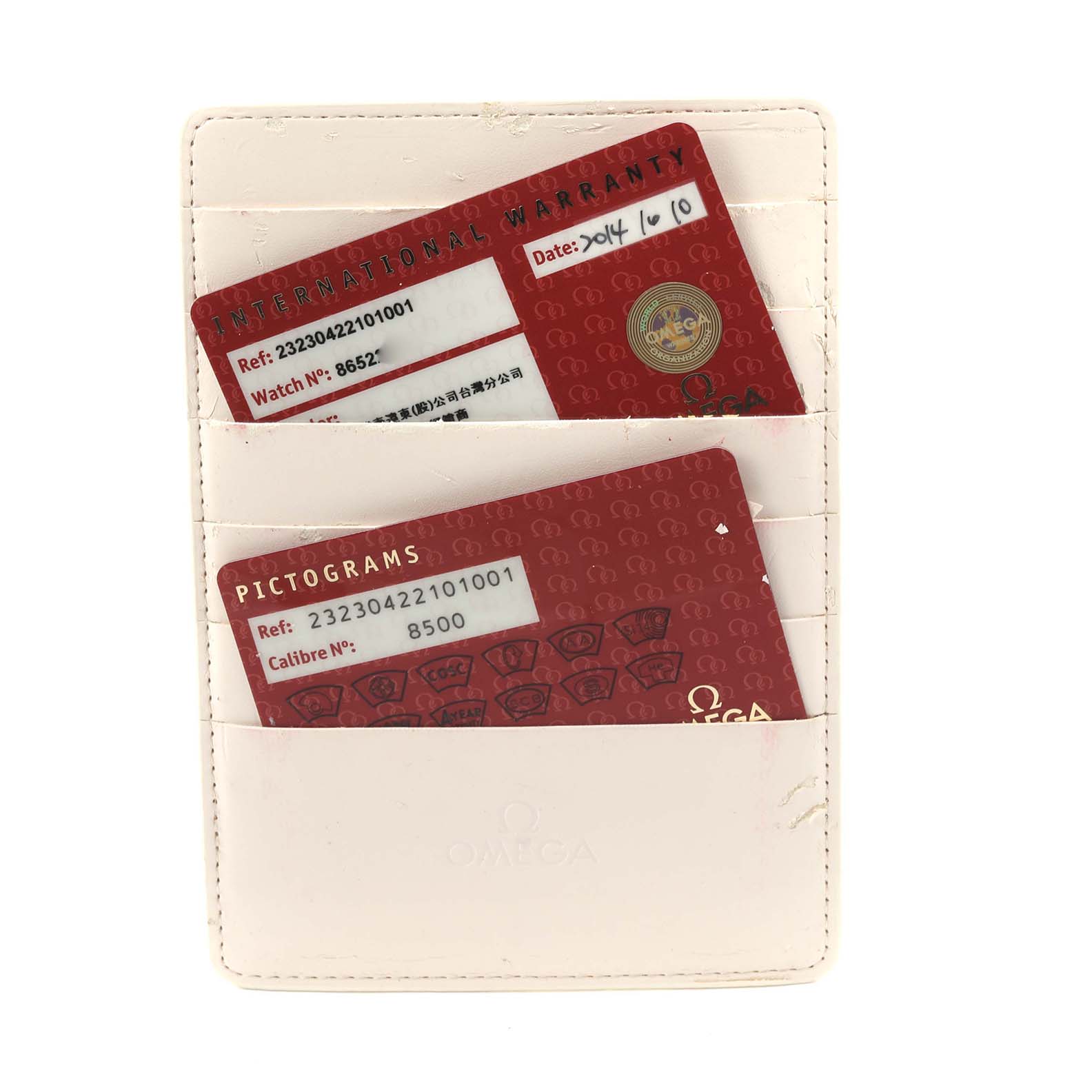 The image shows Omega Planet Ocean 232.30.42.21.01.001 Men
s Stainless Steel Black Dial 232.30.42.21.01.001 Men
s Stainless Steel Black Dial warranty and pictogram cards in a white holder, viewed from the front.