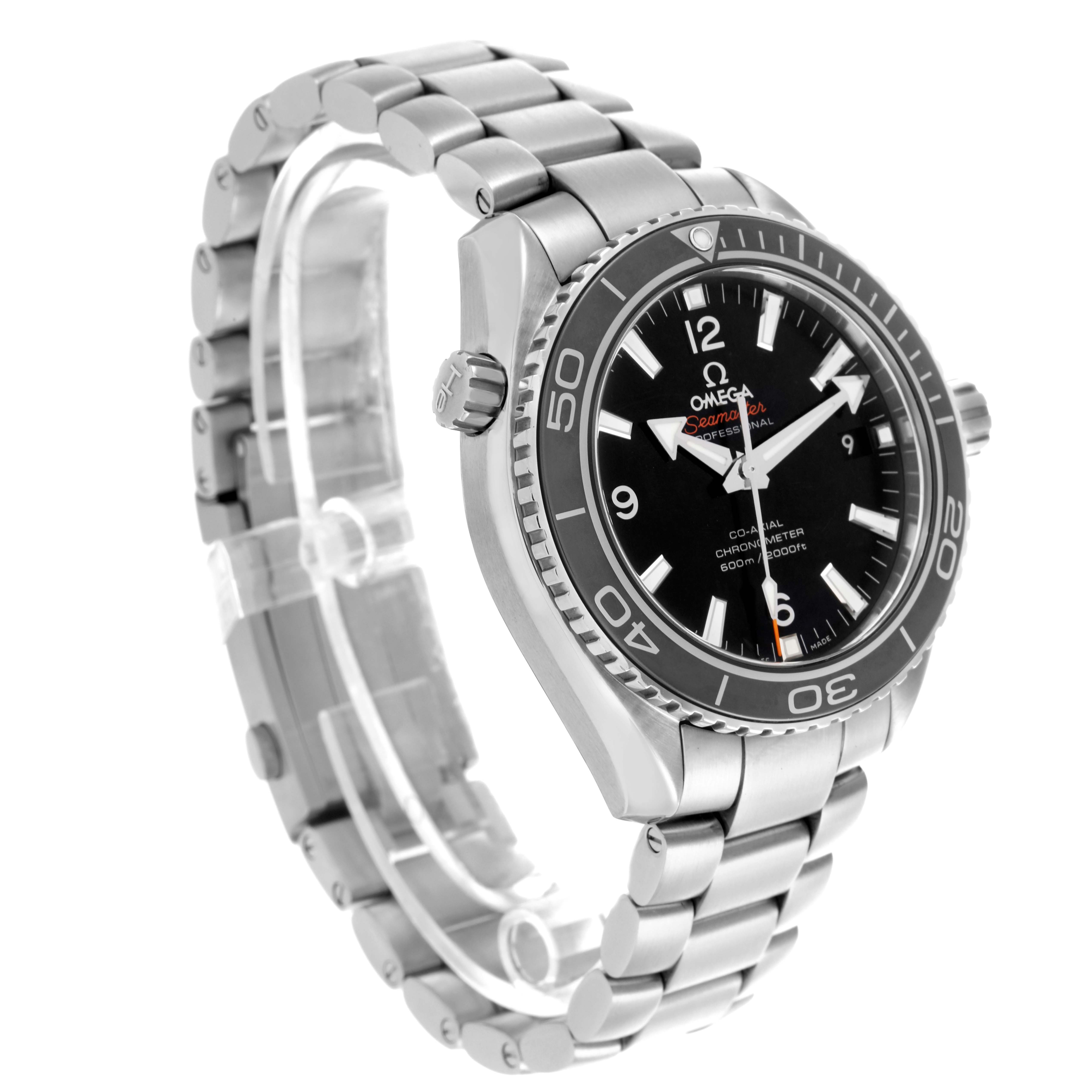 The Omega Planet Ocean 232.30.42.21.01.001 Men
s Stainless Steel Black Dial 232.30.42.21.01.001 Men
s Stainless Steel Black Dial watch is shown from a three-quarter angle, highlighting the face, bezel, crown, and metal bracelet.