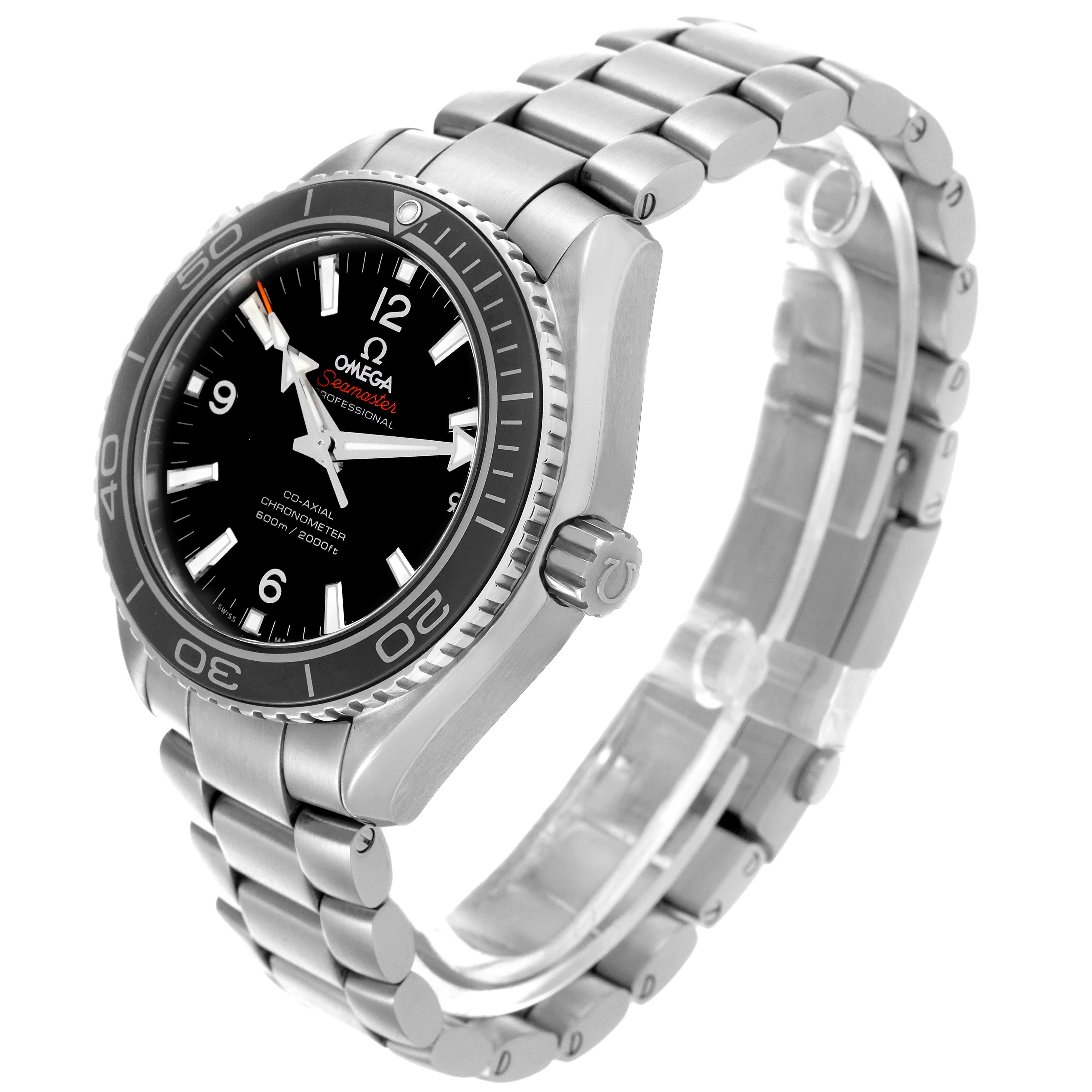 The Omega Planet Ocean 232.30.42.21.01.001 Men
s Stainless Steel Black Dial 232.30.42.21.01.001 Men
s Stainless Steel Black Dial watch is shown at a three-quarter angle highlighting the face, bezel, crown, and bracelet.