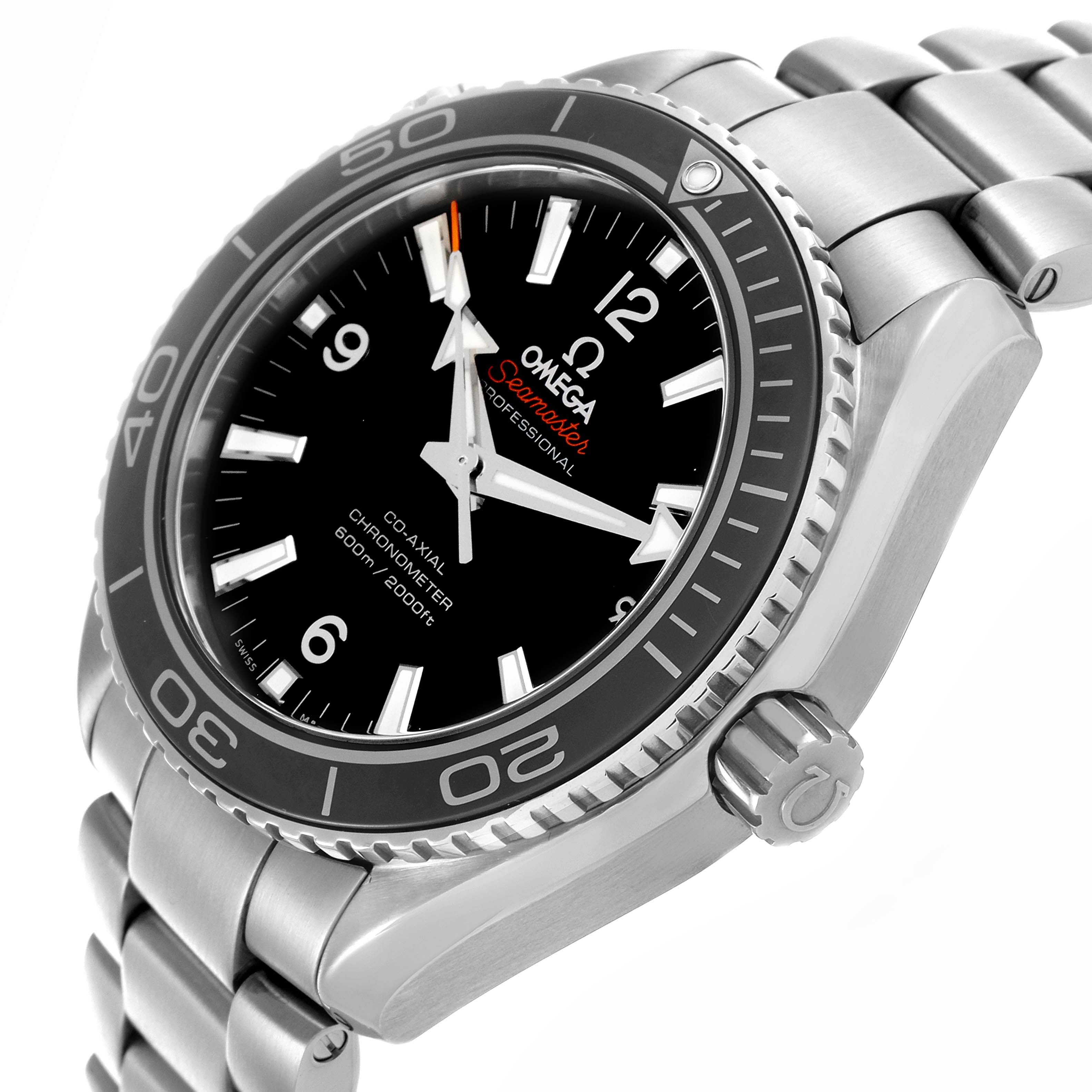 The Omega Planet Ocean 232.30.42.21.01.001 Men
s Stainless Steel Black Dial 232.30.42.21.01.001 Men
s Stainless Steel Black Dial watch is shown from a front angle, highlighting the bezel, crown, dial, and bracelet.