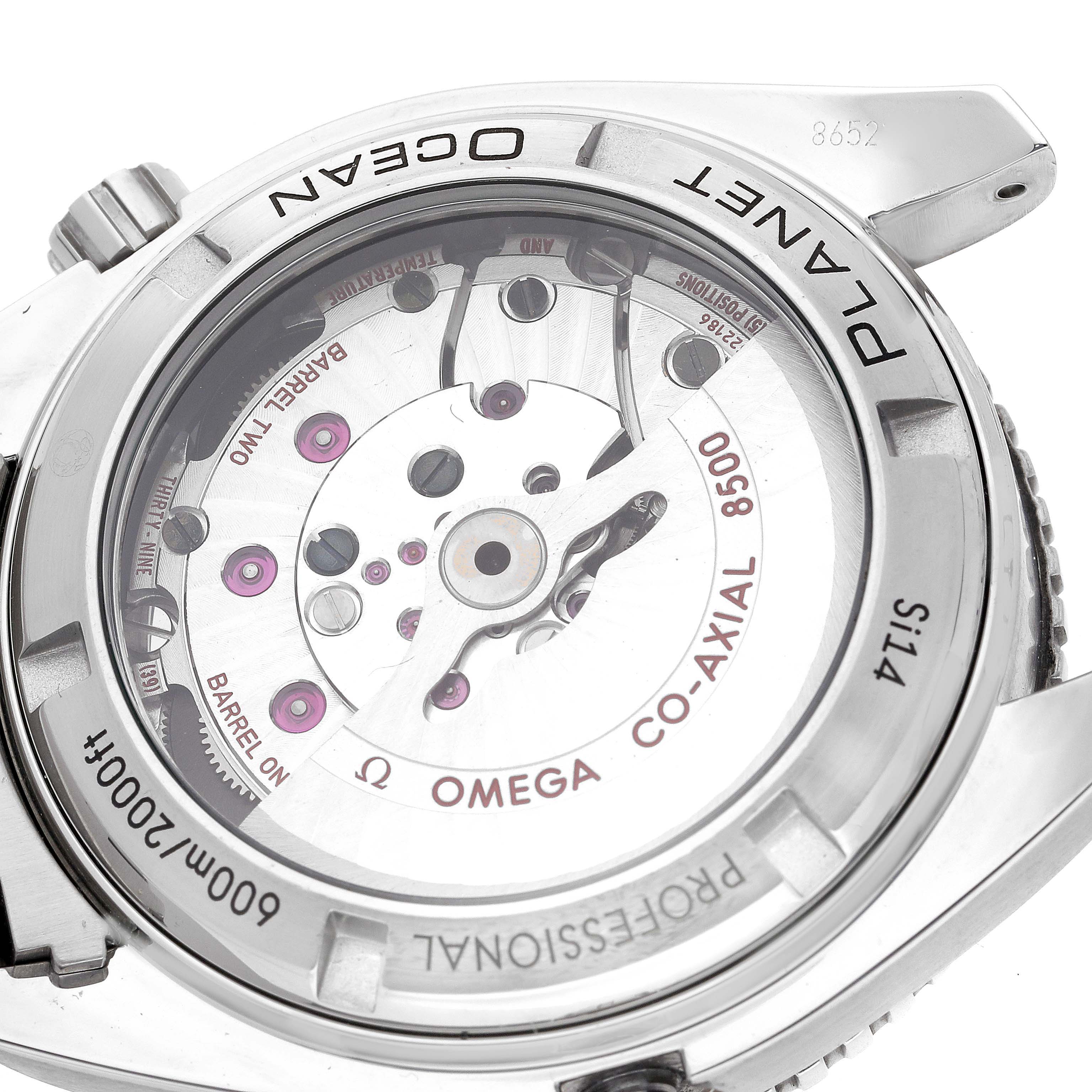 The image shows the back of the Omega Planet Ocean 232.30.42.21.01.001 Men
s Stainless Steel Black Dial 232.30.42.21.01.001 Men
s Stainless Steel Black Dial watch, highlighting its co-axial movement.