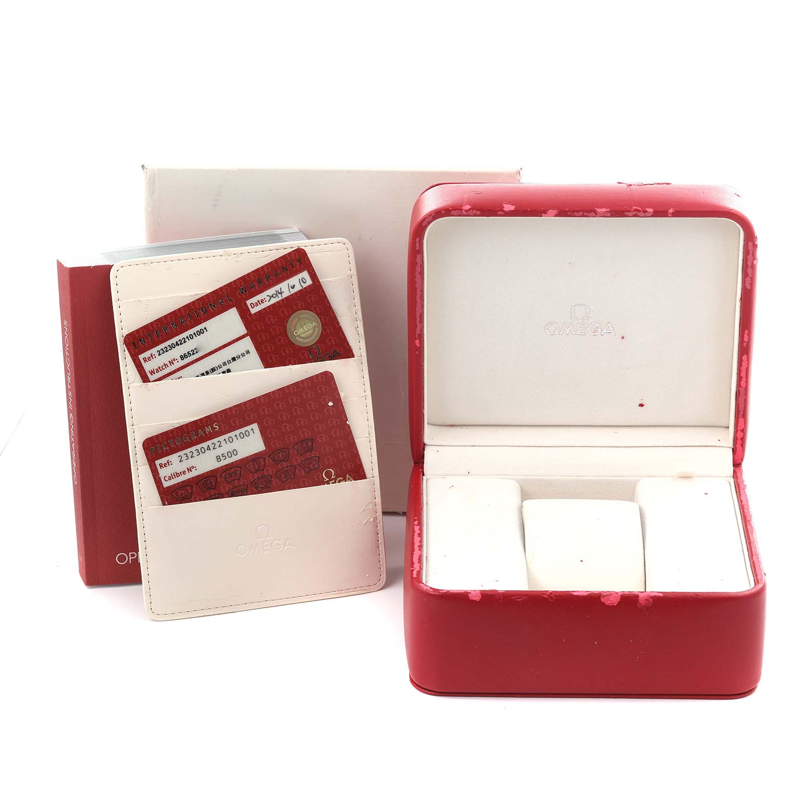 The image shows a red Omega watch box, cards, and their holder for the Planet Ocean model.