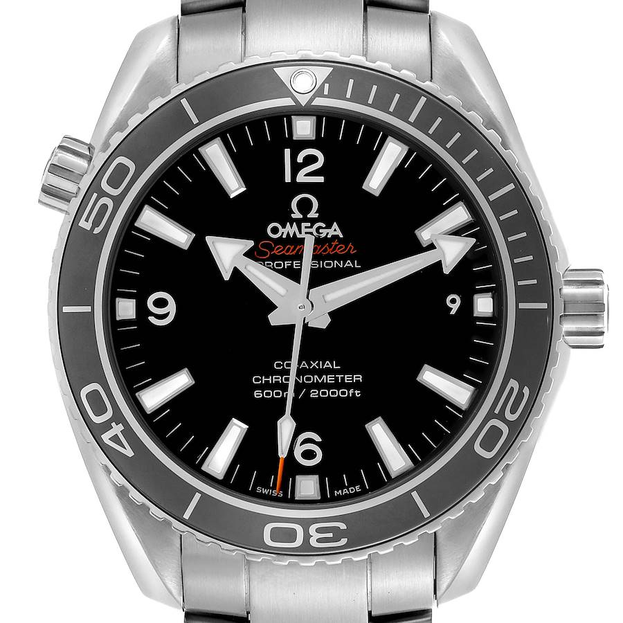 The Omega Planet Ocean watch is shown from the front, highlighting the dial, bezel, and stainless steel bracelet.