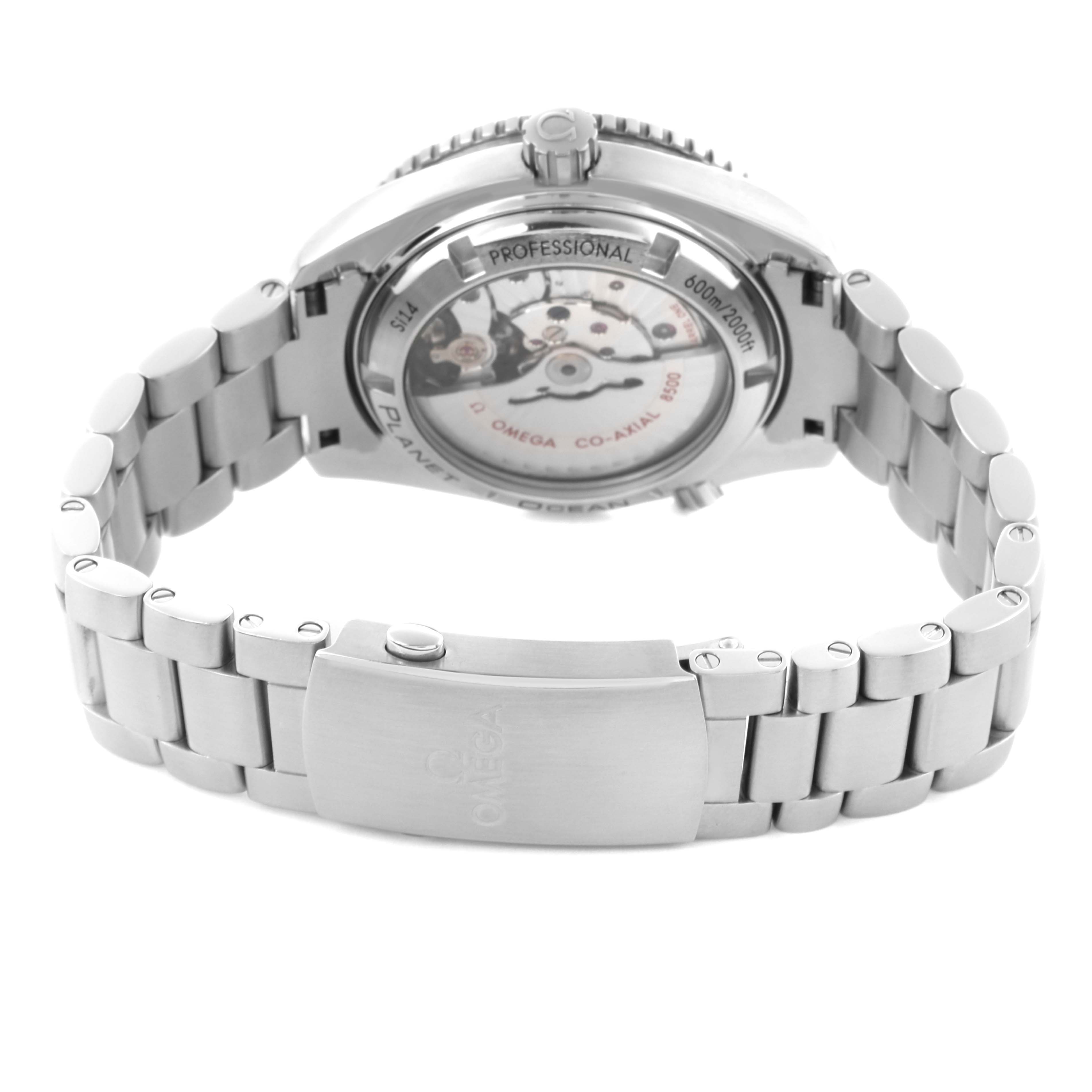 The image shows a rear view of the Omega Planet Ocean 232.30.42.21.01.001 Men
s Stainless Steel Black Dial 232.30.42.21.01.001 Men
s Stainless Steel Black Dial with an open clasp, revealing the watch
s transparent case back and bracelet.