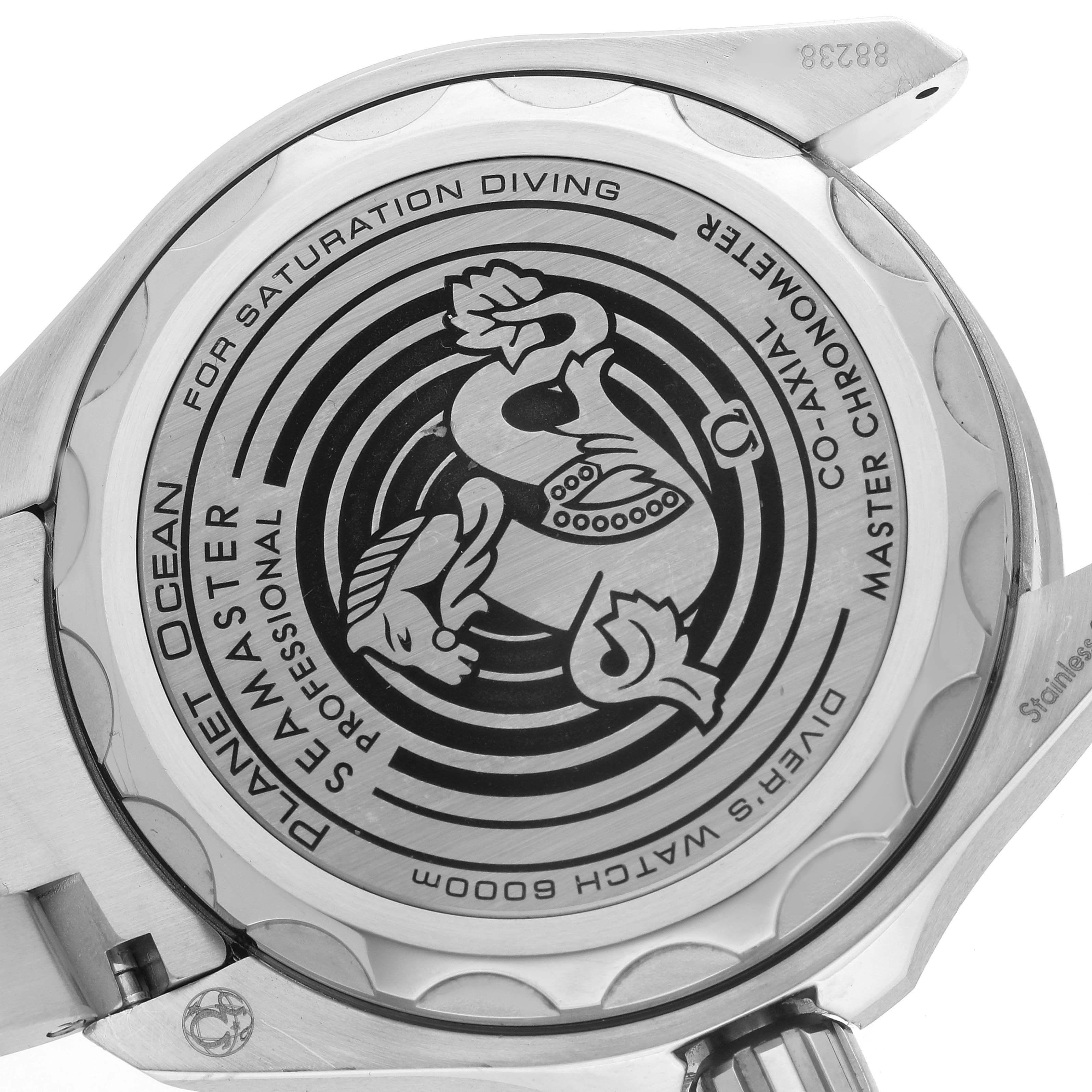 The image shows the case back of an Omega Planet Ocean 215.30.46.21.03.001 Men's Stainless Steel Blue Dial watch, featuring engravings and branding.