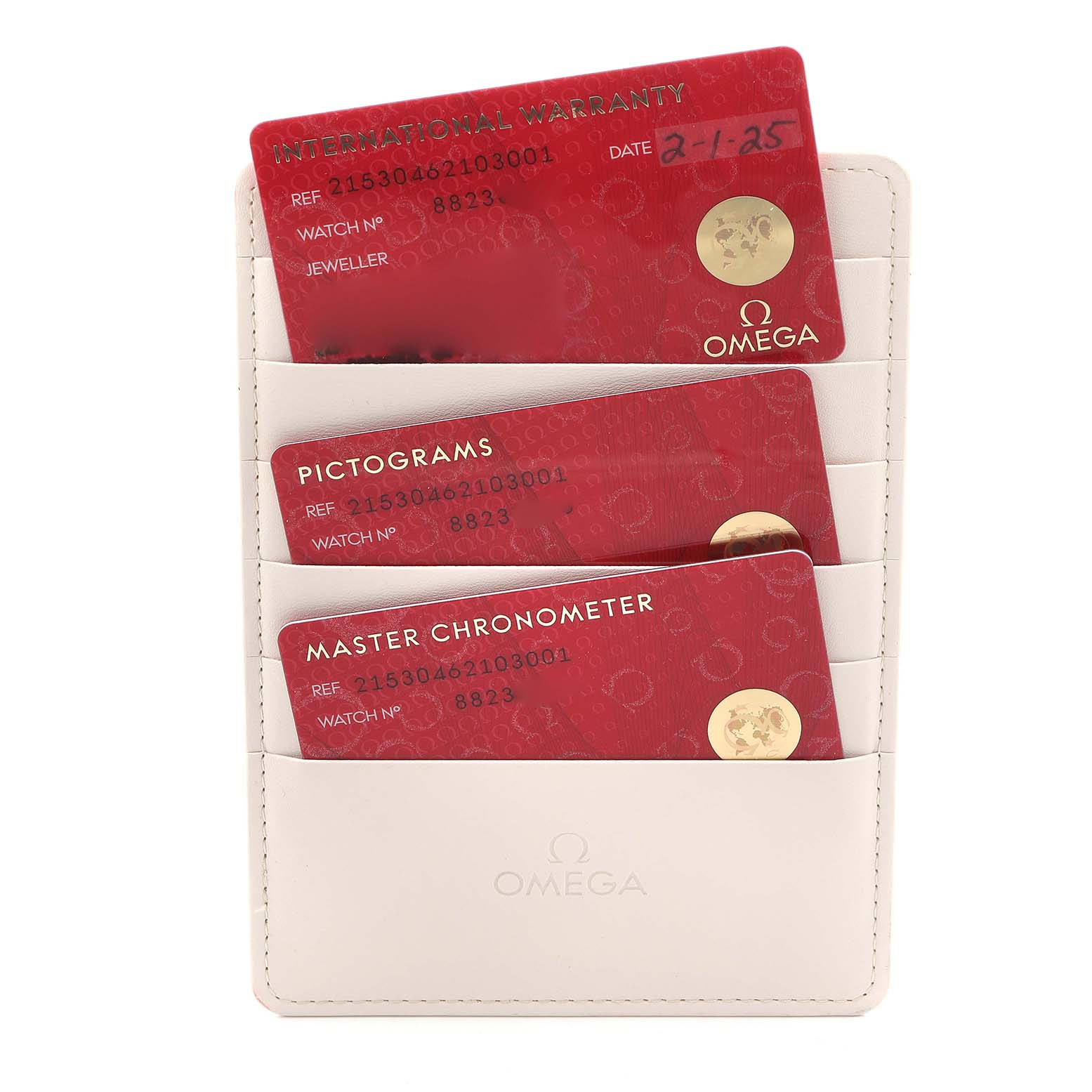 The image shows an Omega Planet Ocean 215.30.46.21.03.001 Men's Stainless Steel Blue Dial international warranty card set placed in a white holder.