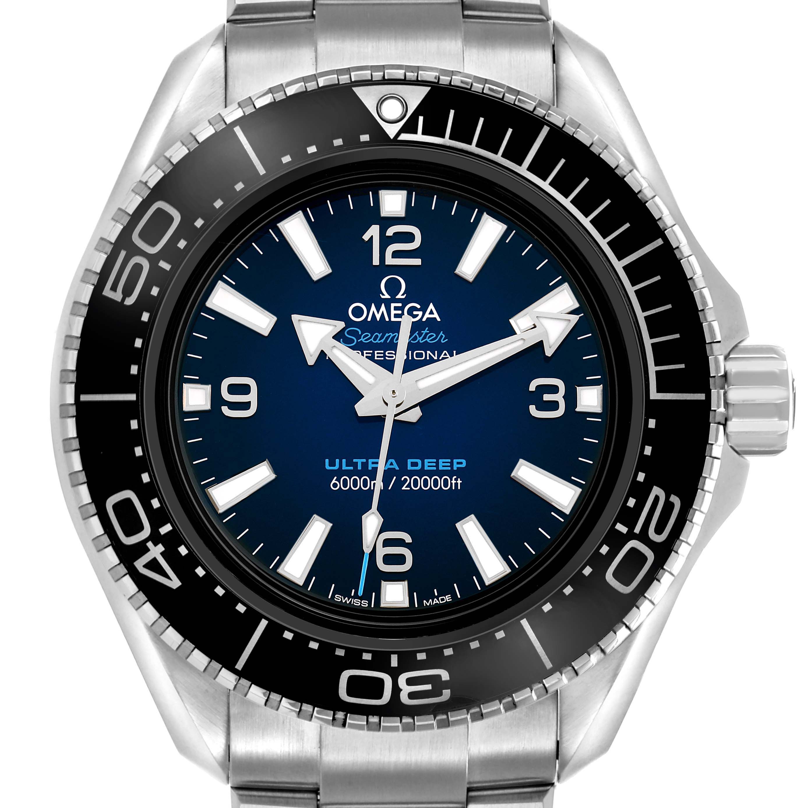 The Omega Planet Ocean 215.30.46.21.03.001 Men's Stainless Steel Blue Dial watch is shown from the front, displaying the dial, bezel, and stainless steel bracelet.