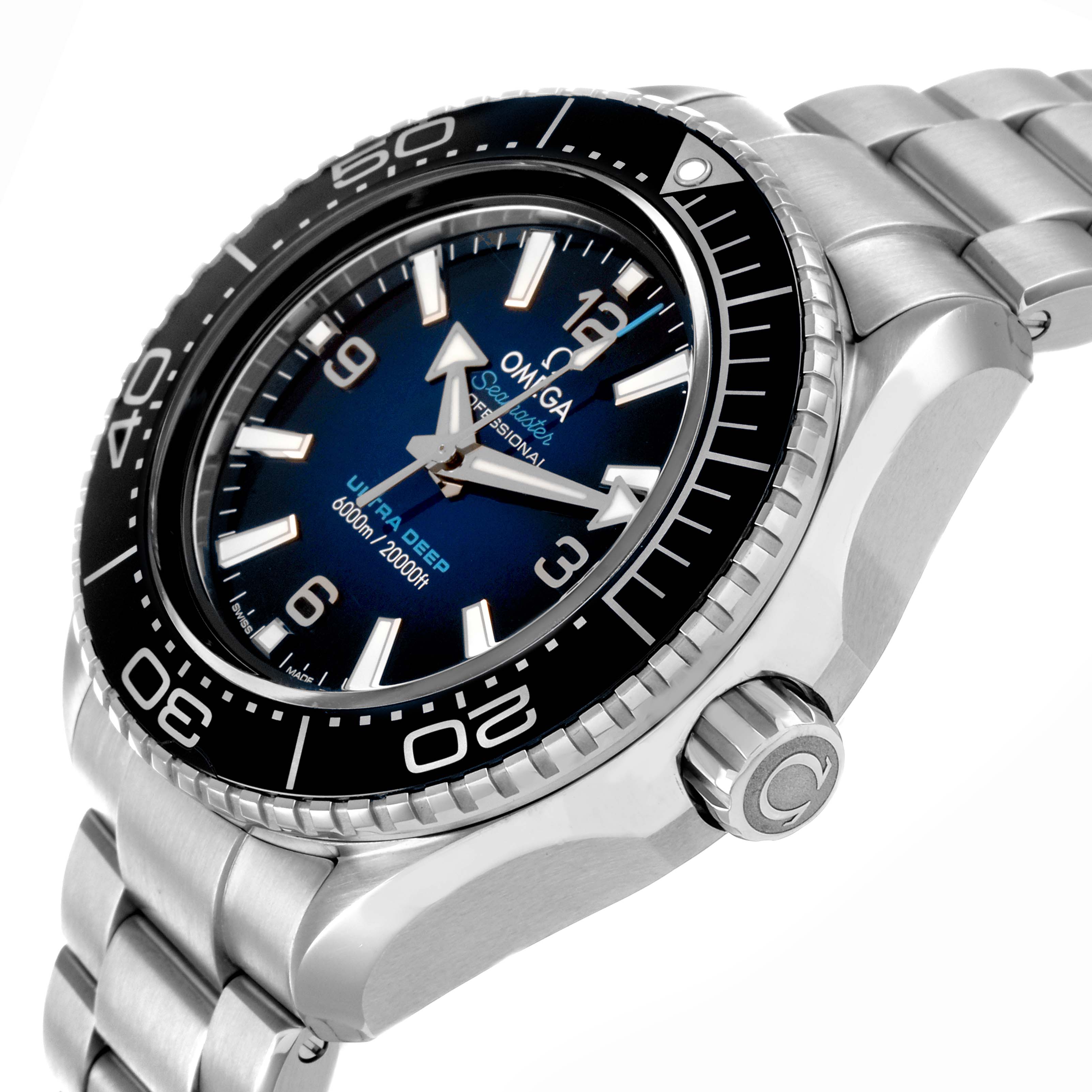 The image shows an angled view of the Omega Planet Ocean 215.30.46.21.03.001 Men's Stainless Steel Blue Dial watch, highlighting the bezel, dial, crown, and bracelet.