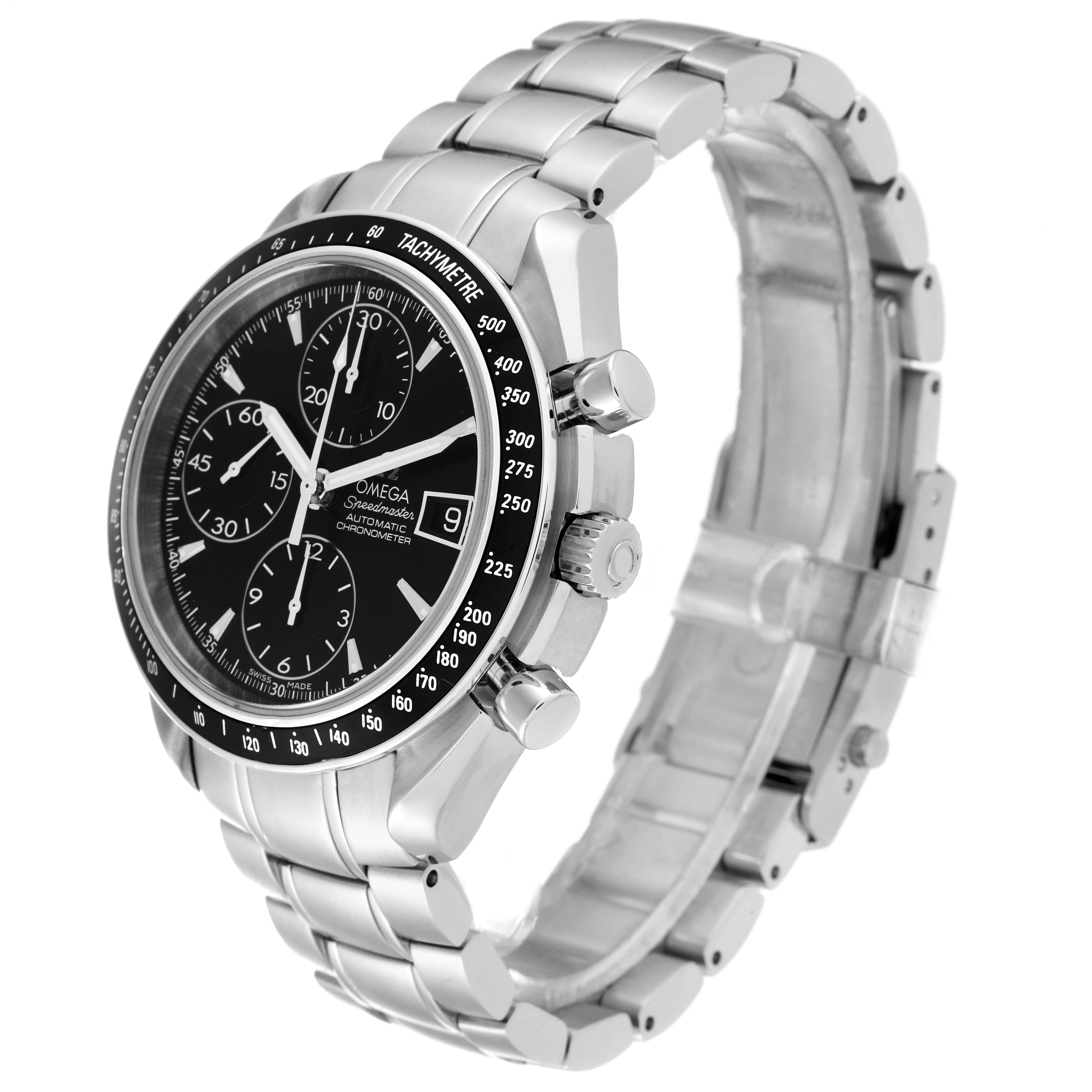 This Omega Speedmaster 3210.50.00 Men
s Stainless Steel Black Dial 3210.50.00 Men
s Stainless Steel Black Dial watch is shown at a slight angle, highlighting the face, tachymeter bezel, and stainless steel bracelet.