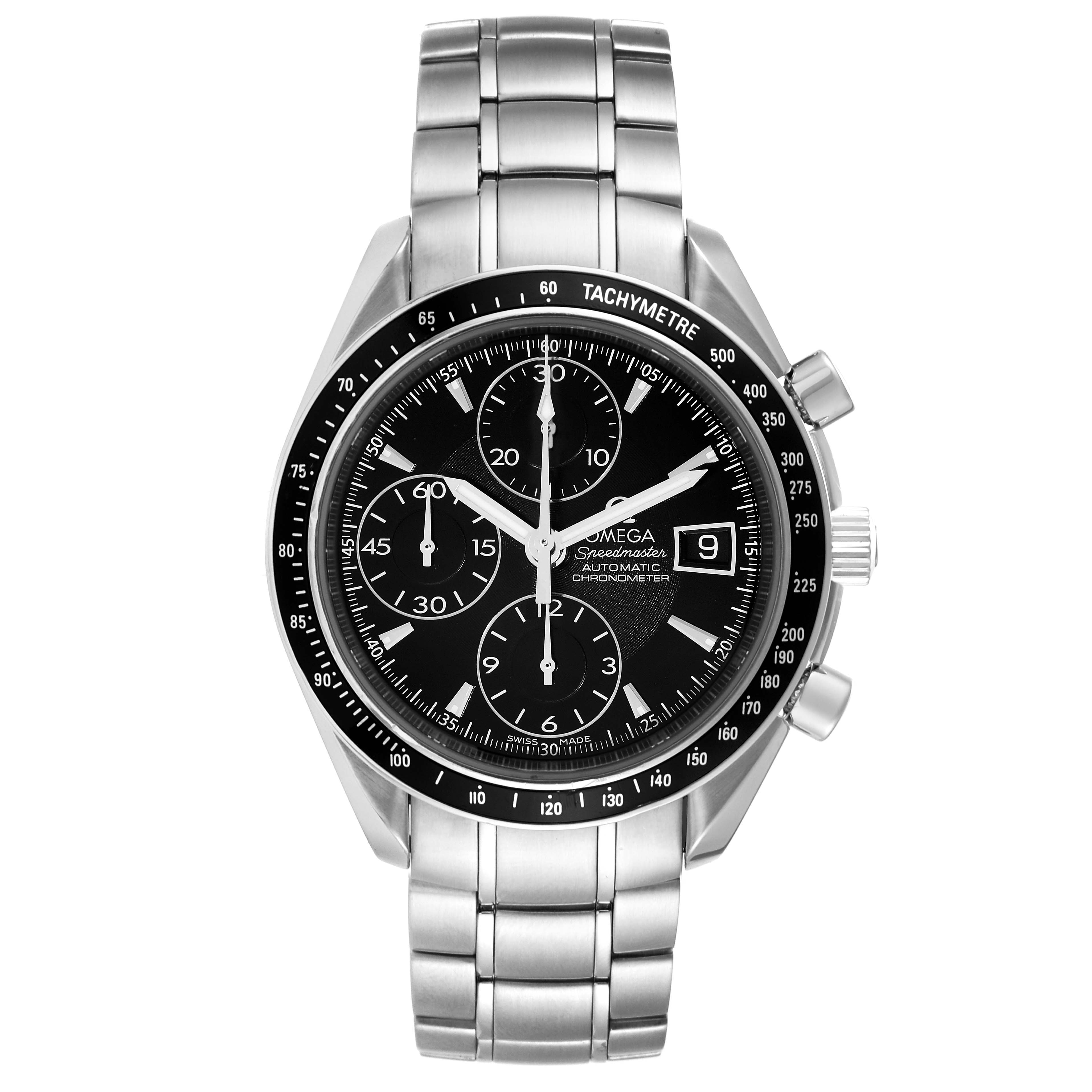 This image shows a frontal view of the Omega Speedmaster 3210.50.00 Men
s Stainless Steel Black Dial 3210.50.00 Men
s Stainless Steel Black Dial watch, highlighting its dial, tachymetre, chronograph subdials, and bracelet.