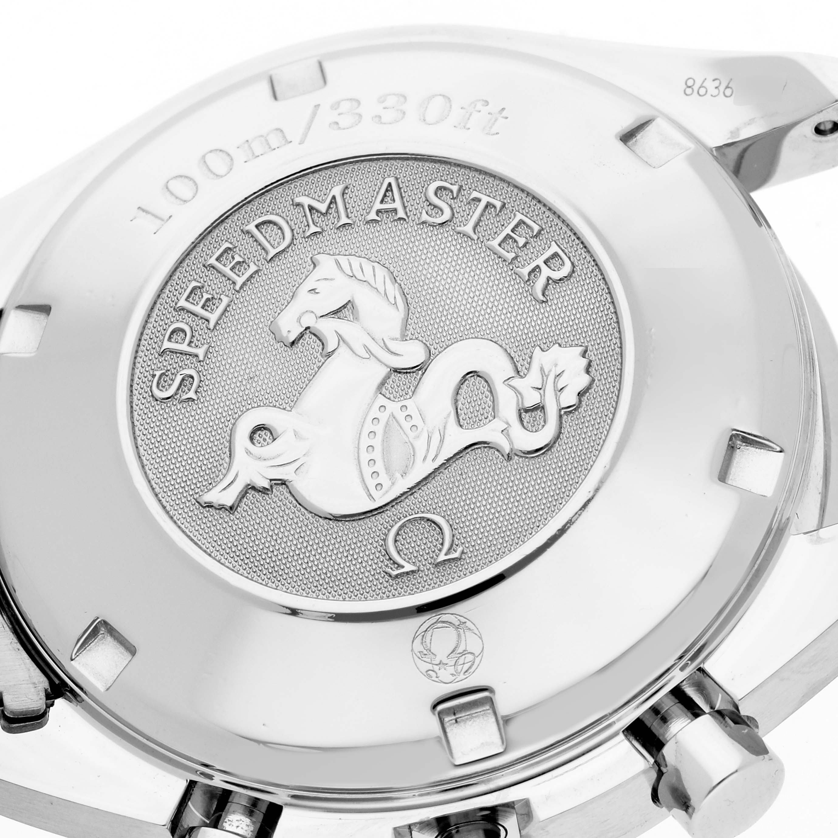 The image shows the case back of an Omega Speedmaster 3210.50.00 Men
s Stainless Steel Black Dial 3210.50.00 Men
s Stainless Steel Black Dial watch at an angle, featuring the Speedmaster logo and water resistance rating.