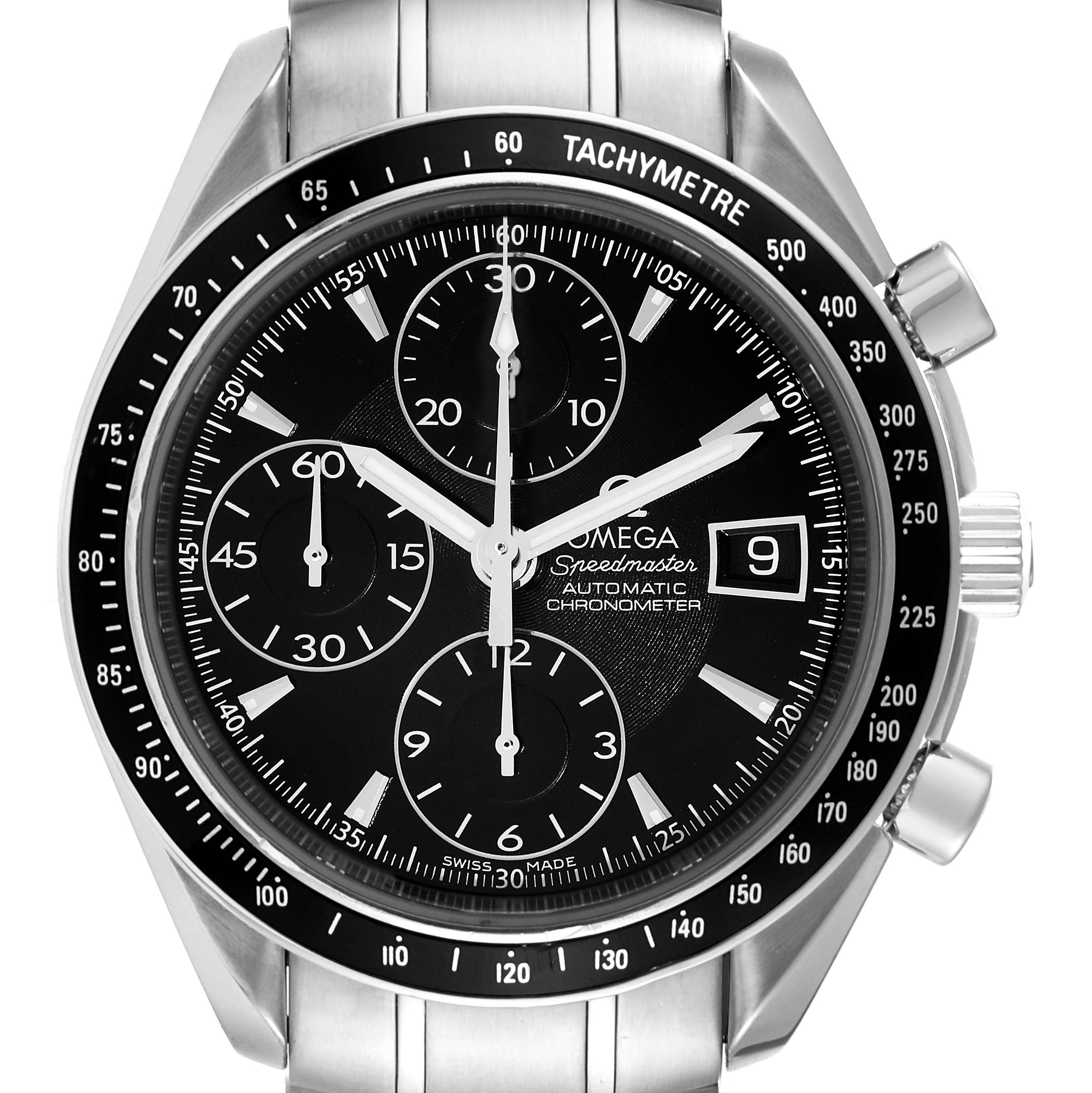 The image shows a frontal view of the Omega Speedmaster 3210.50.00 Men
s Stainless Steel Black Dial 3210.50.00 Men
s Stainless Steel Black Dial watch, displaying its dial, tachymeter, and chronograph subdials.