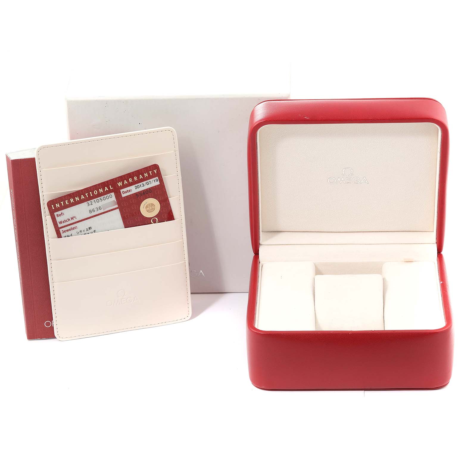 This image shows the packaging, red display box, and international warranty card holder for an Omega Speedmaster 3210.50.00 Men
s Stainless Steel Black Dial 3210.50.00 Men
s Stainless Steel Black Dial watch.