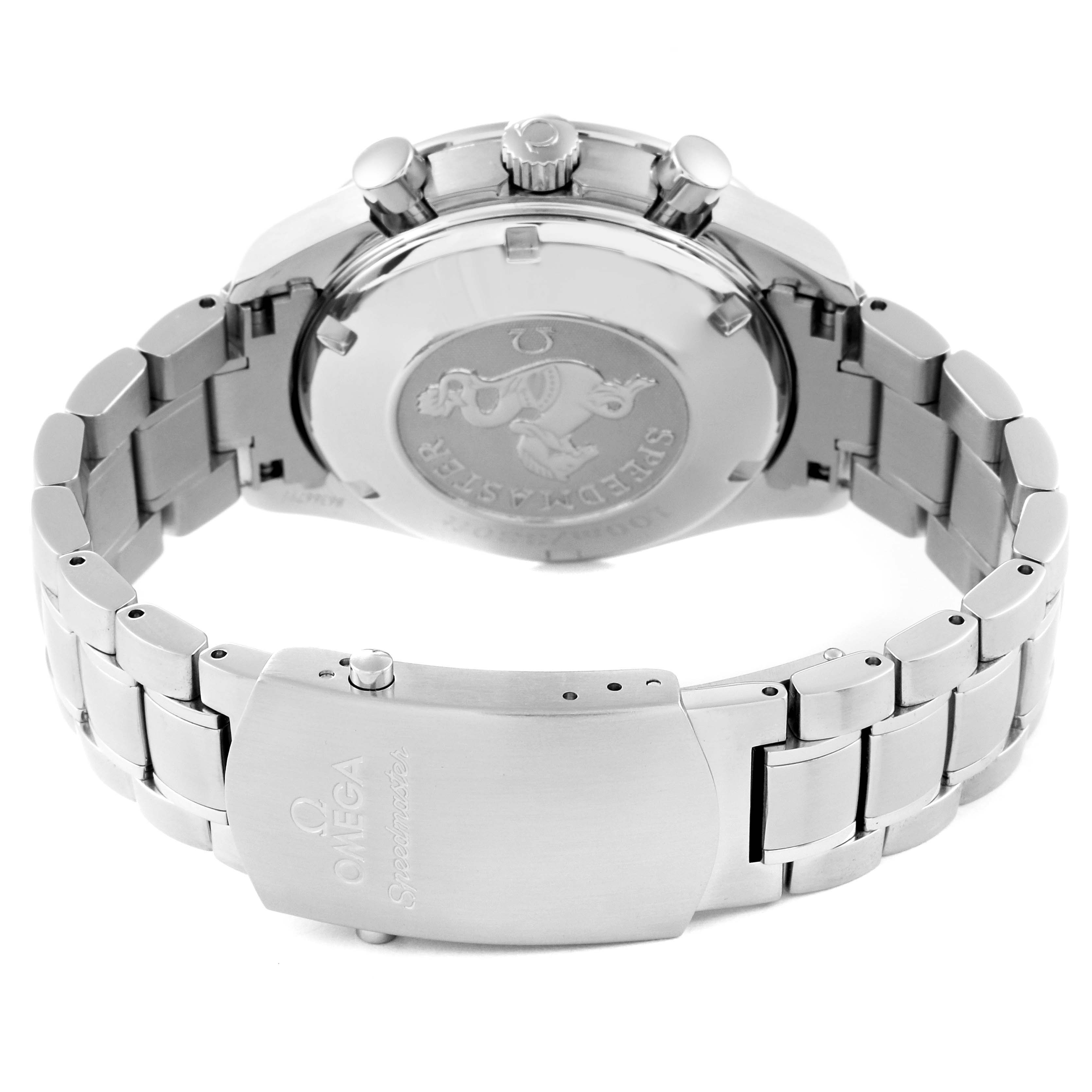 The image shows the back case, crown, pushers, and bracelet of the Omega Speedmaster 3210.50.00 Men
s Stainless Steel Black Dial 3210.50.00 Men
s Stainless Steel Black Dial watch from a rear angle.