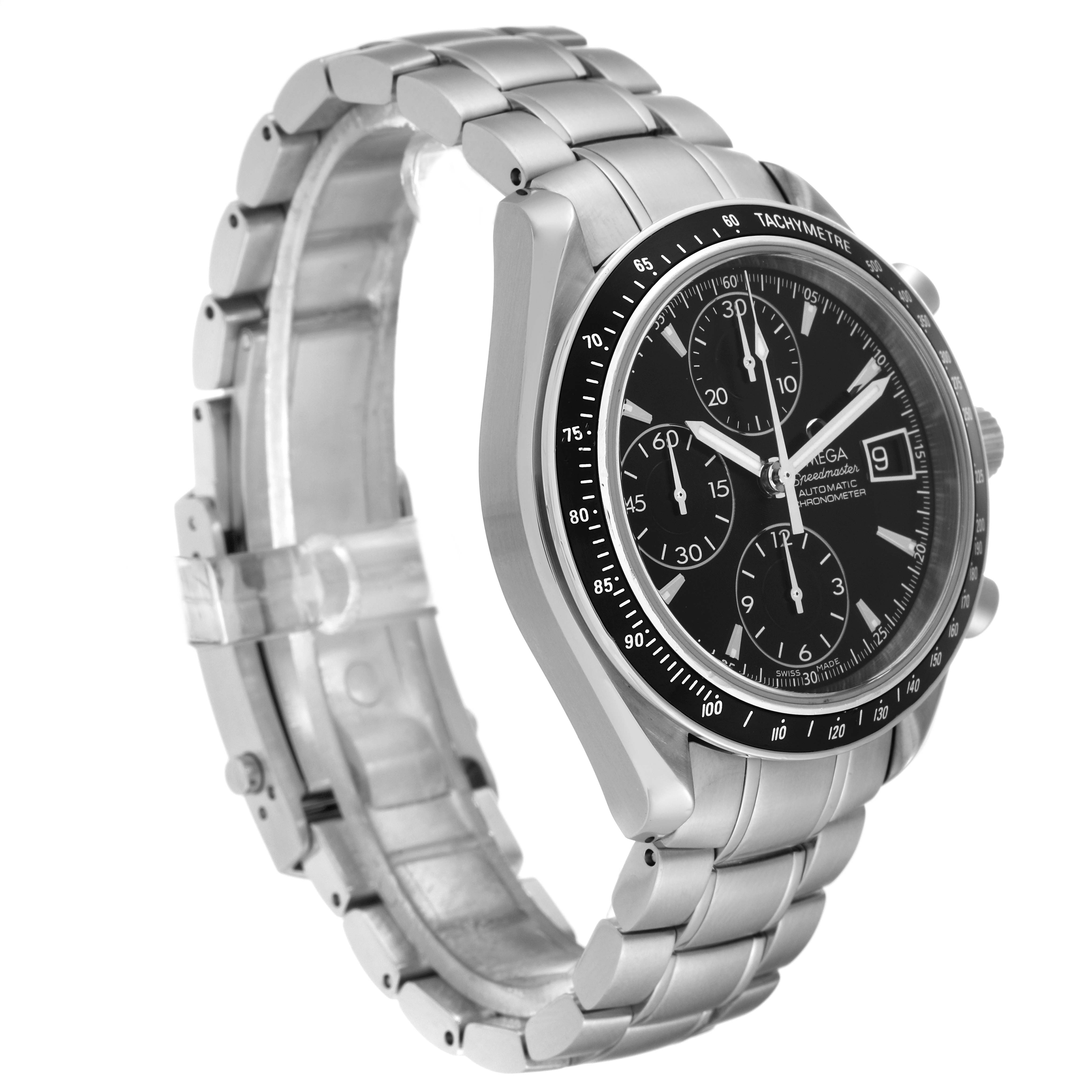 The image shows an Omega Speedmaster 3210.50.00 Men
s Stainless Steel Black Dial 3210.50.00 Men
s Stainless Steel Black Dial watch at a three-quarter angle, highlighting its face, bezel, and metal bracelet.