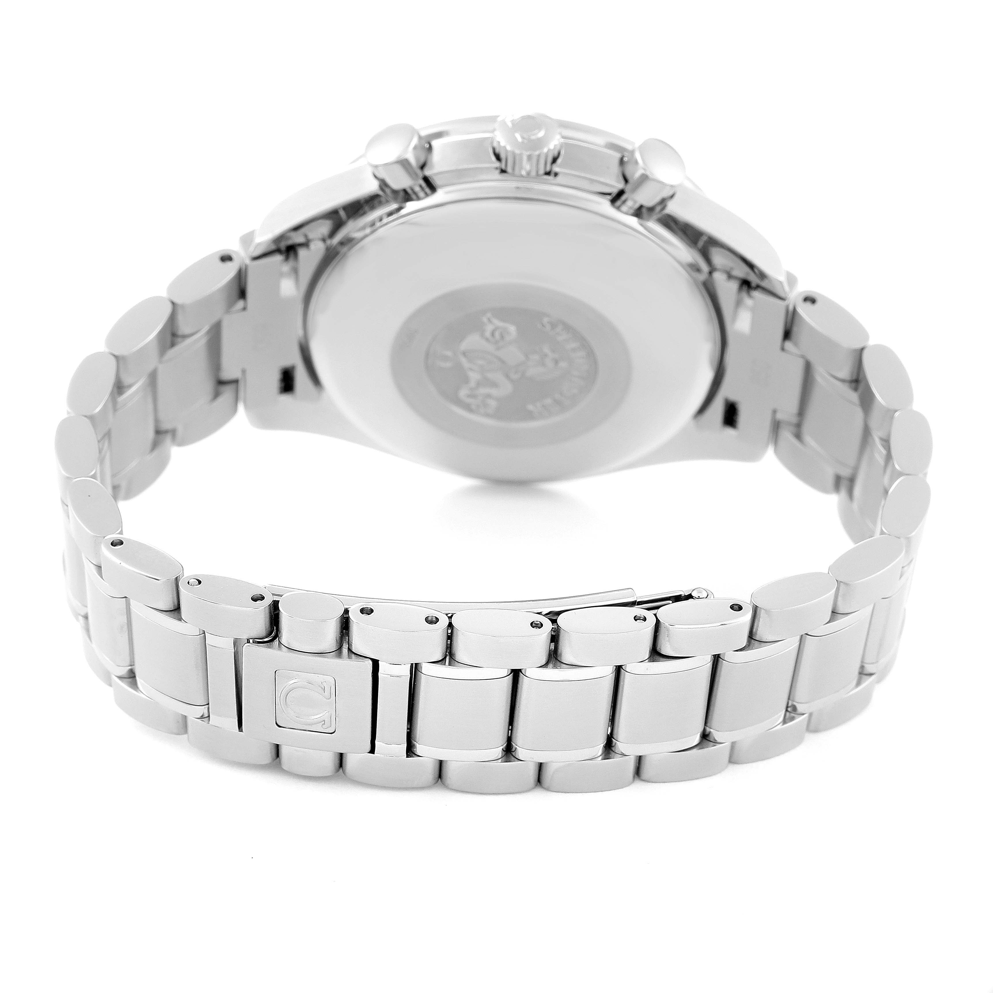 The image shows the back view and metal bracelet of an Omega Speedmaster 3513.30.00 Men
s Stainless Steel Silver Dial 3513.30.00 Men
s Stainless Steel Silver Dial watch.