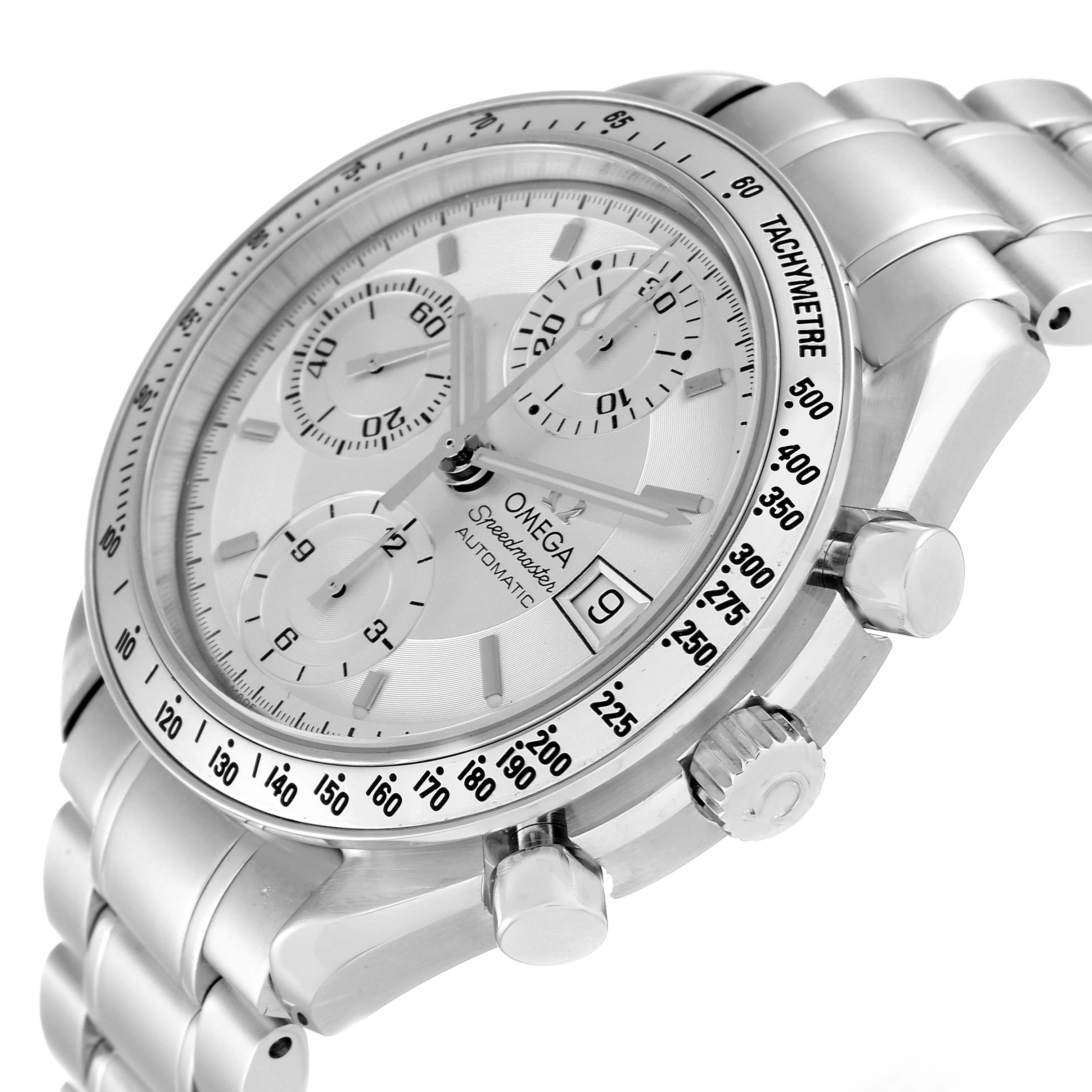 The image shows a close-up angle of the Omega Speedmaster 3513.30.00 Men
s Stainless Steel Silver Dial 3513.30.00 Men
s Stainless Steel Silver Dial watch displaying its dial, bezel, crown, and pushers.