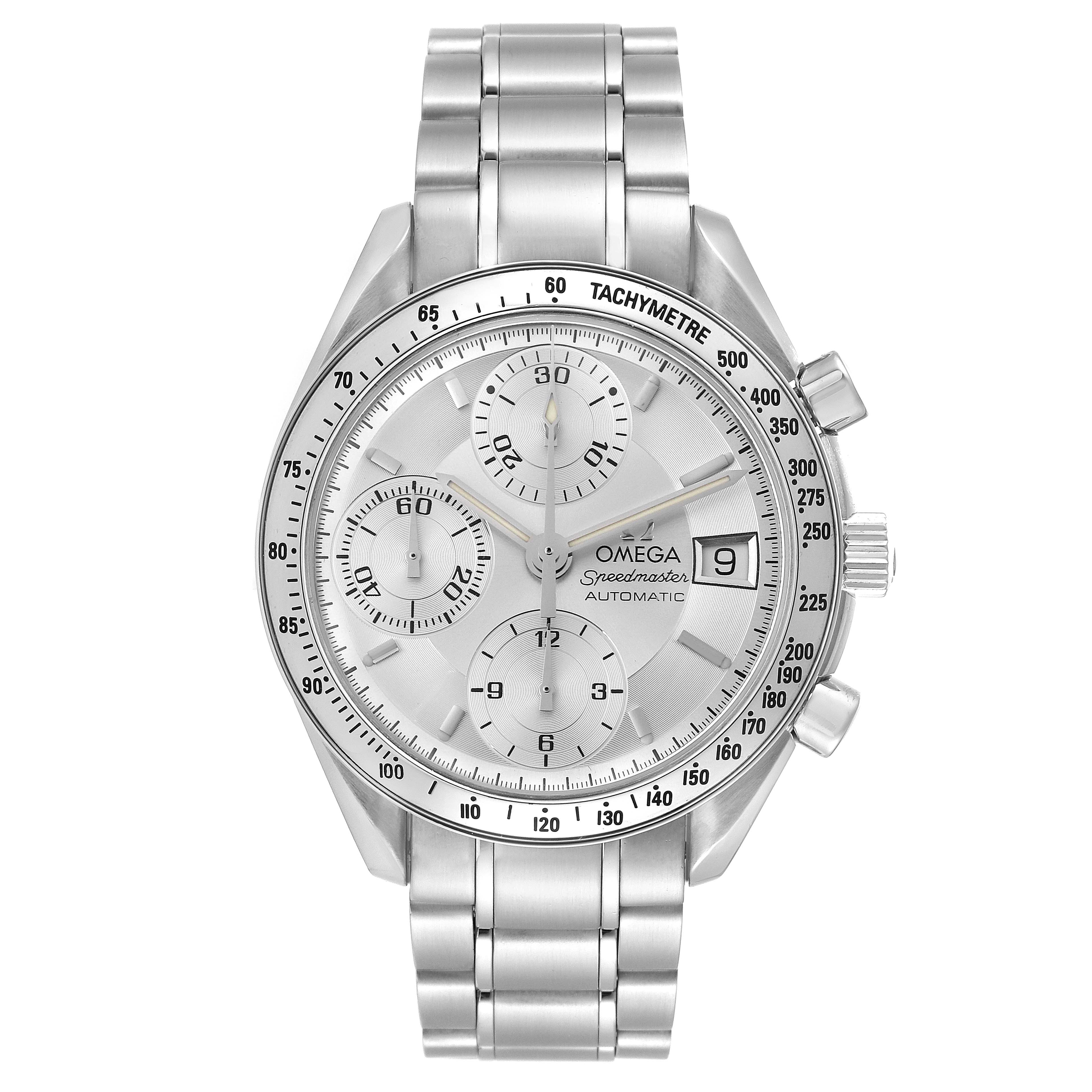 The image shows a front view of the Omega Speedmaster 3513.30.00 Men
s Stainless Steel Silver Dial 3513.30.00 Men
s Stainless Steel Silver Dial watch featuring a silver dial and stainless steel bracelet.