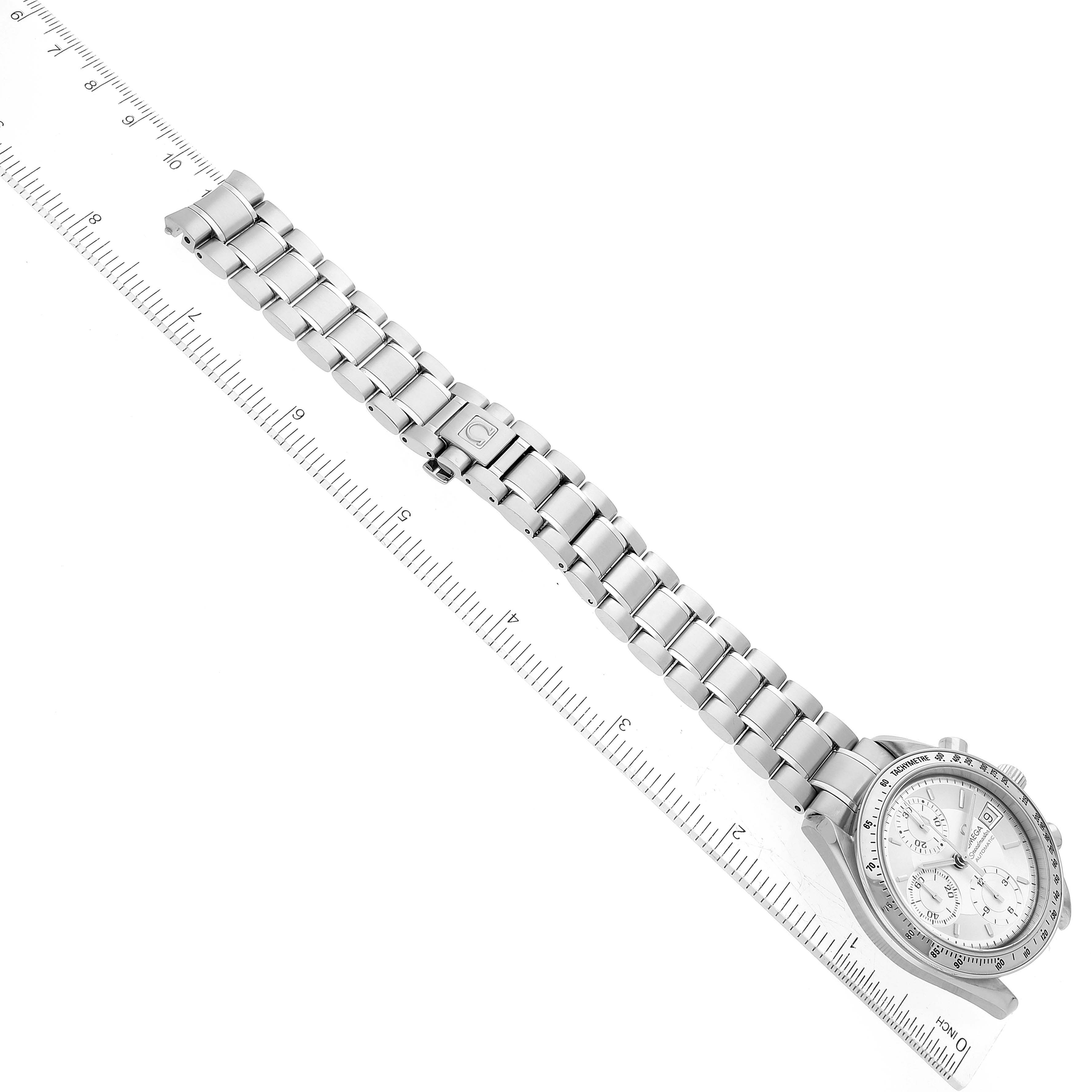 The image shows the Omega Speedmaster 3513.30.00 Men
s Stainless Steel Silver Dial 3513.30.00 Men
s Stainless Steel Silver Dial watch from an overhead angle, highlighting the face and entire metal bracelet.