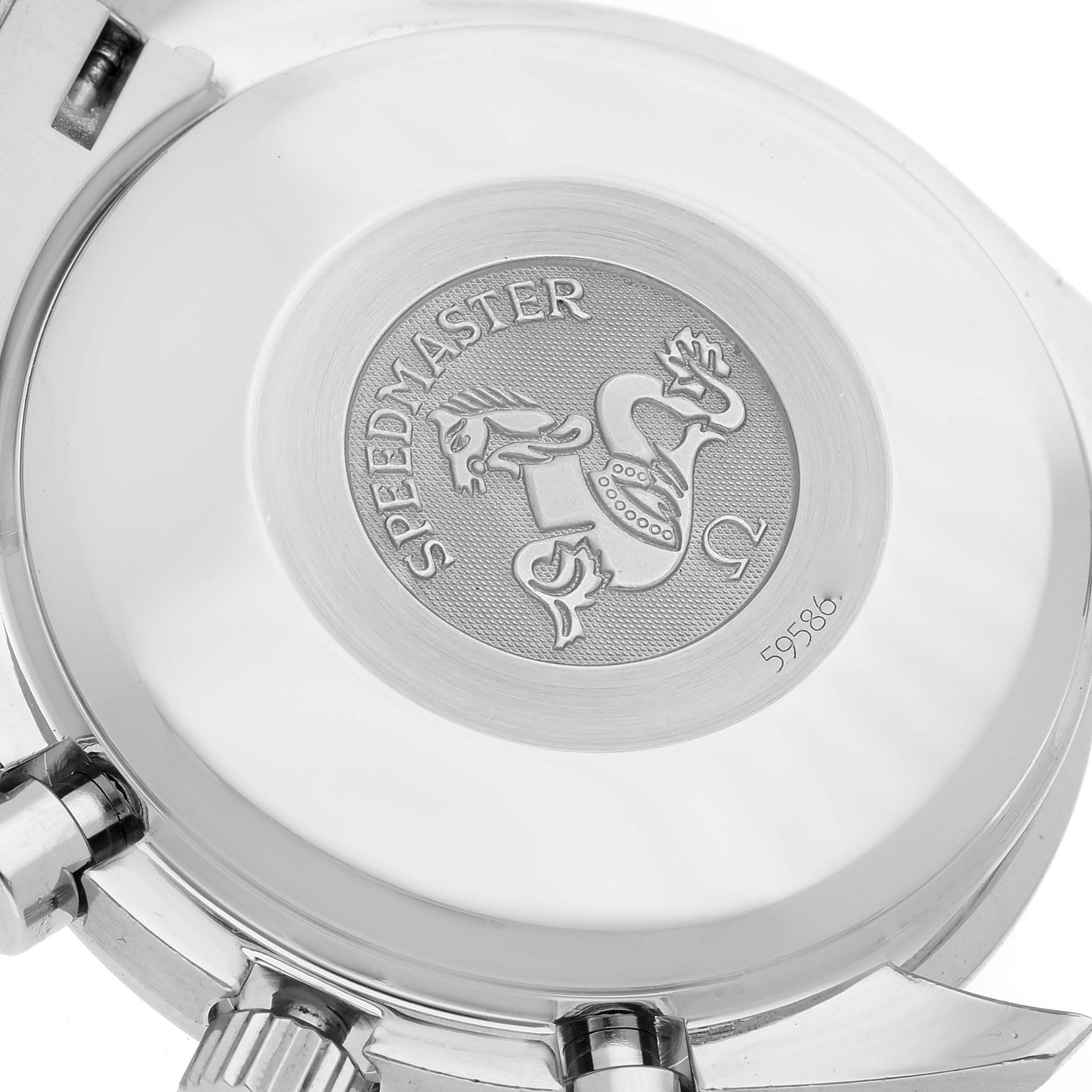 This image shows the back case of the Omega Speedmaster 3513.30.00 Men
s Stainless Steel Silver Dial 3513.30.00 Men
s Stainless Steel Silver Dial watch with some of the crown and pushers visible.