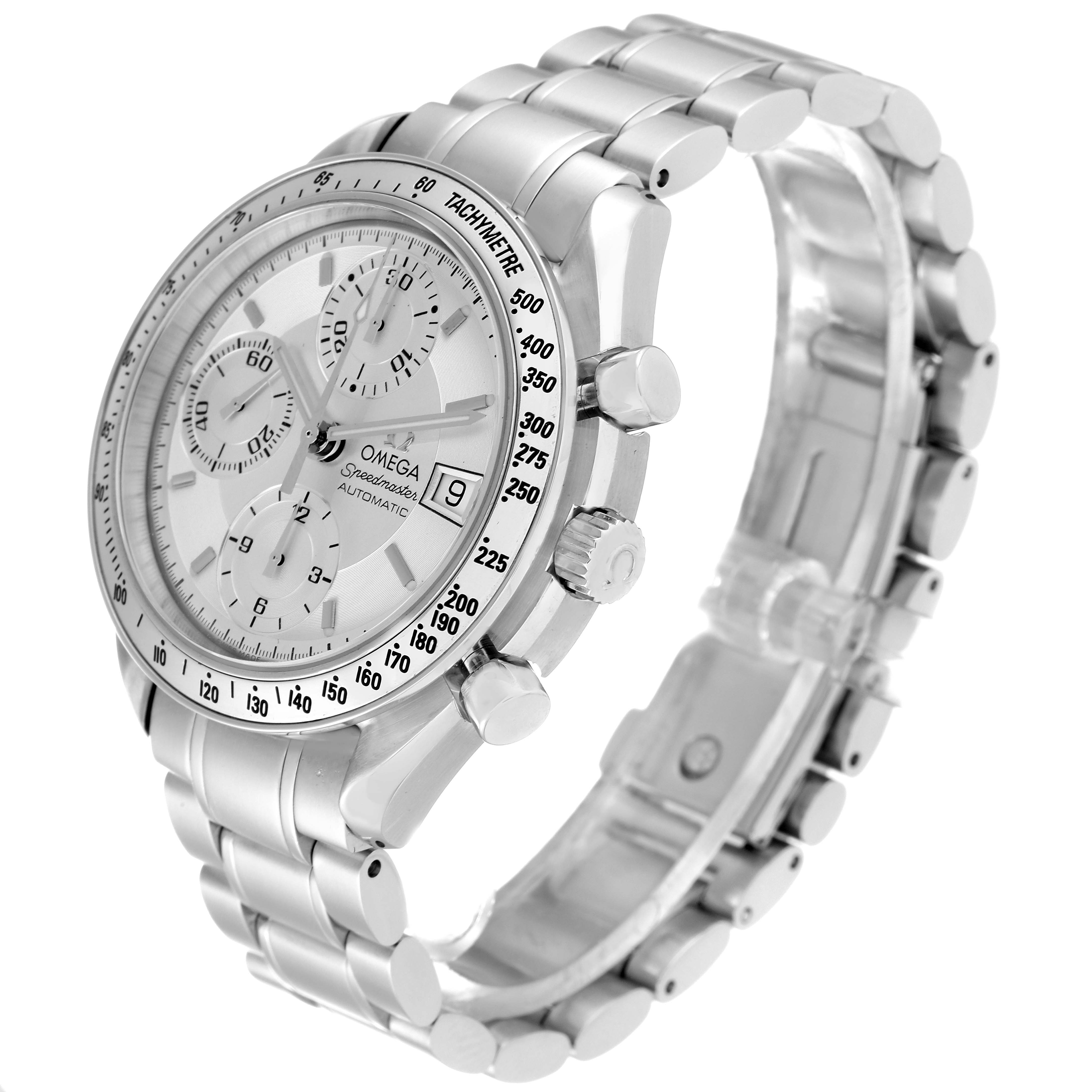 The image shows an angled side view of the Omega Speedmaster 3513.30.00 Men
s Stainless Steel Silver Dial 3513.30.00 Men
s Stainless Steel Silver Dial watch, highlighting its dial, tachymeter bezel, and metal bracelet.