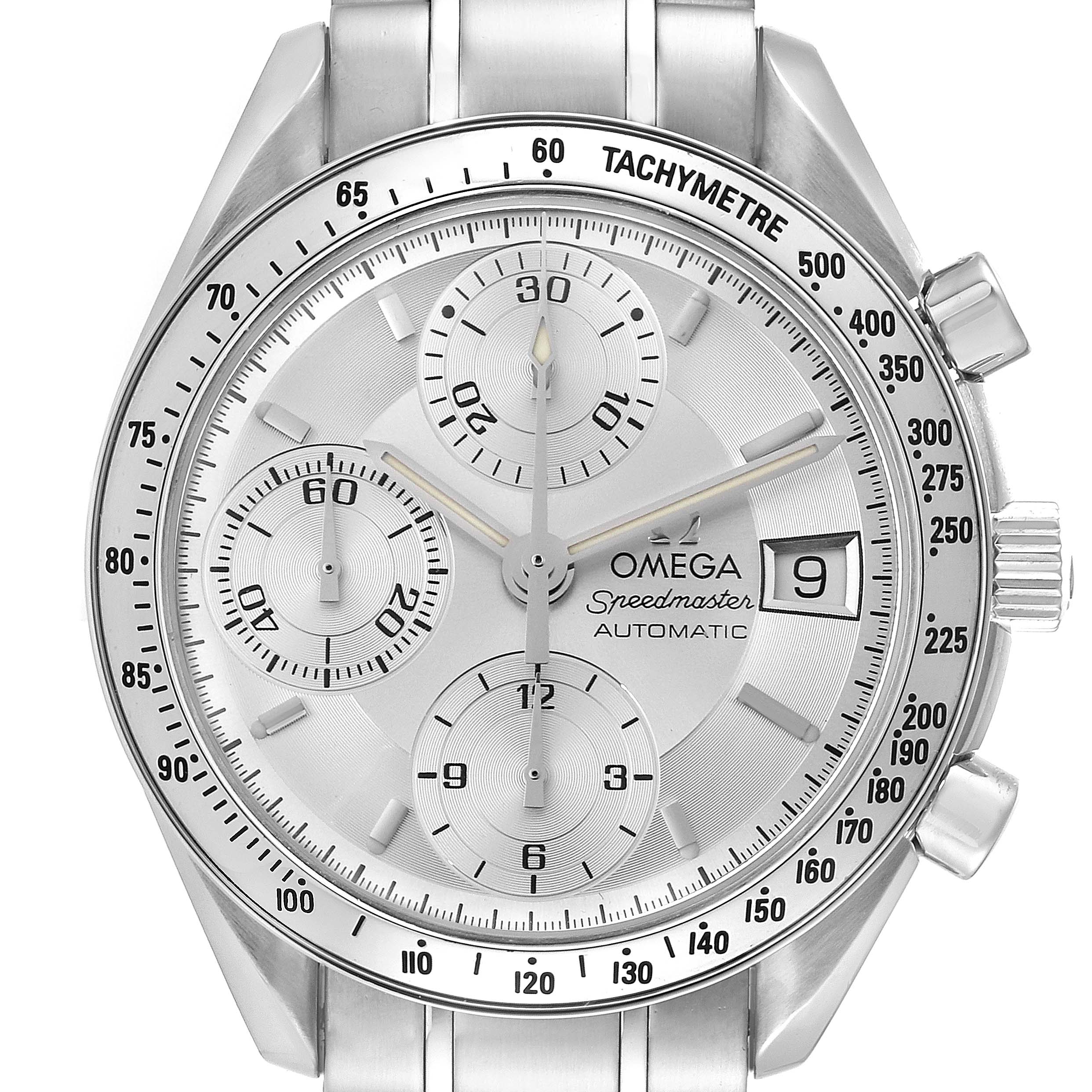The image shows a frontal view of the Omega Speedmaster 3513.30.00 Men
s Stainless Steel Silver Dial 3513.30.00 Men
s Stainless Steel Silver Dial watch, highlighting its dial, bezel, sub-dials, and tachymeter.