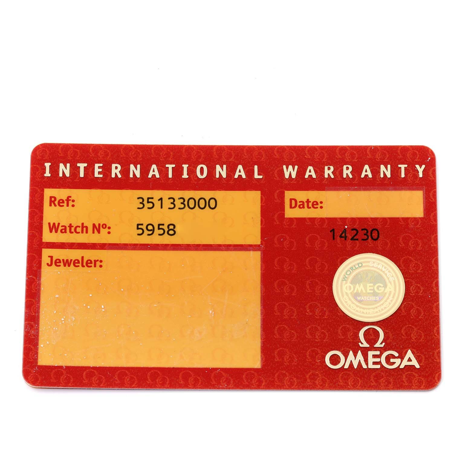 The image shows an Omega international warranty card for the Speedmaster model.