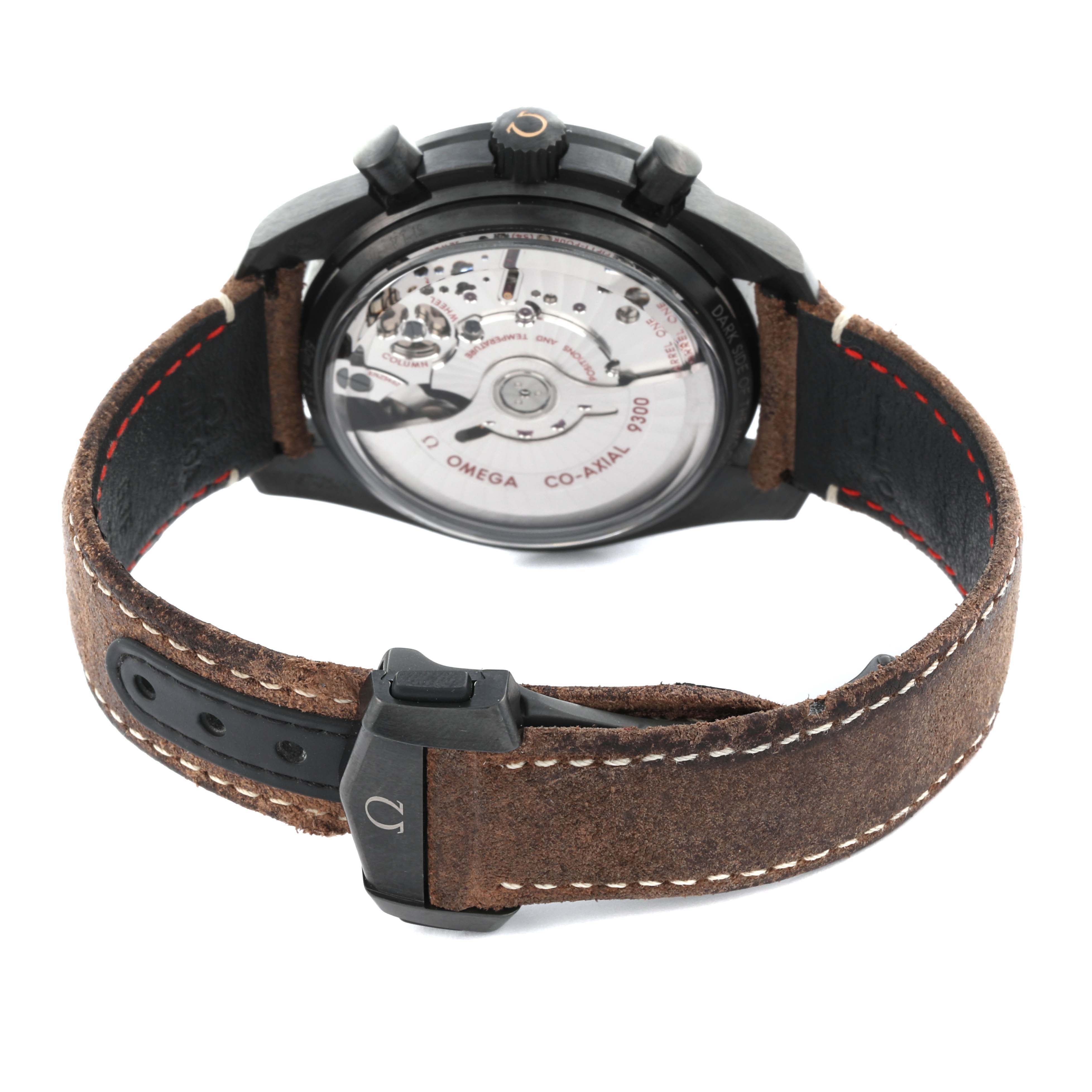 The Omega Speedmaster 311.92.44.51.01.006 Men's Ceramic Black Dial 311.92.44.51.01.006 Men's Ceramic Black Dial watch is shown from the back, highlighting the movement and leather strap with a deployment clasp.