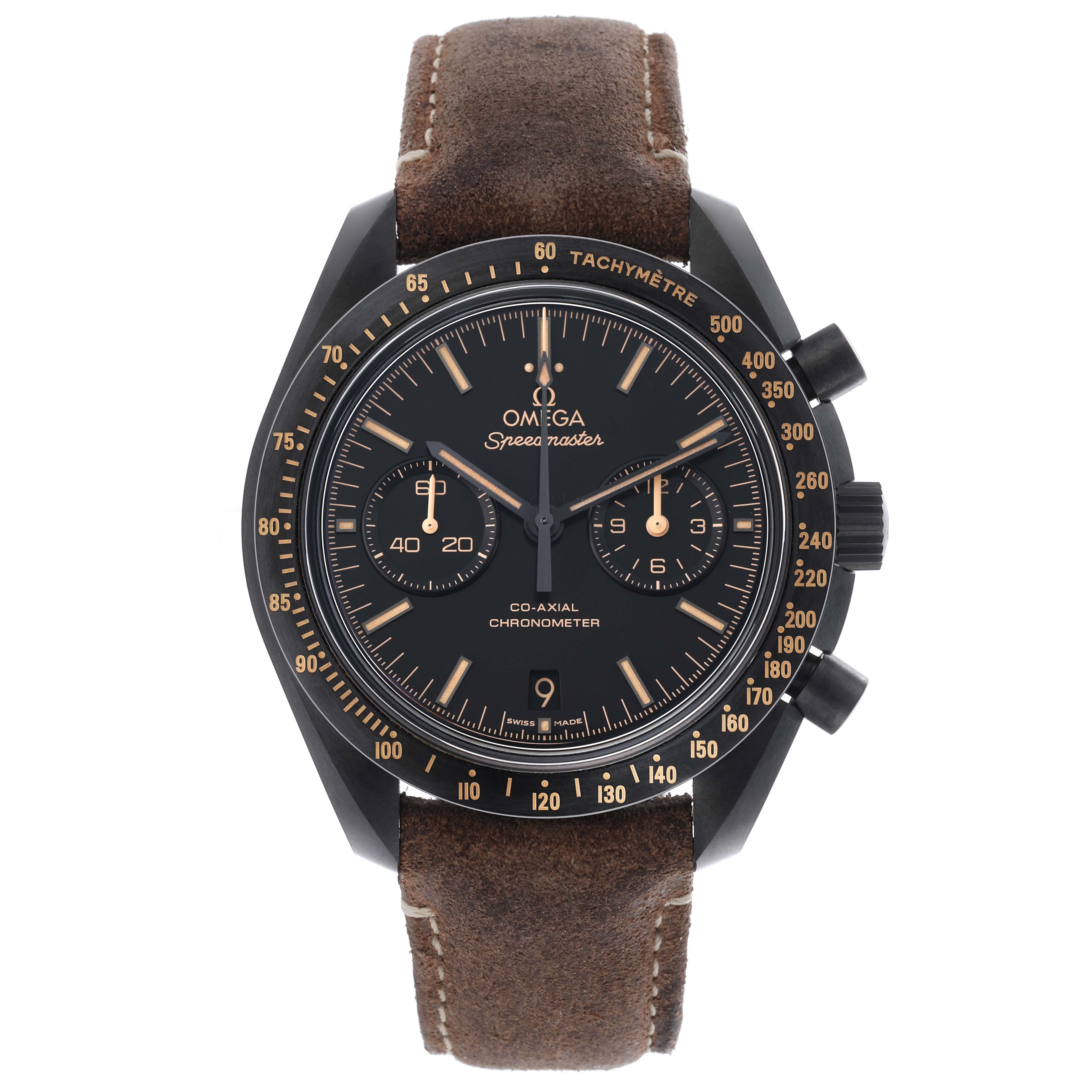 The Omega Speedmaster 311.92.44.51.01.006 Men's Ceramic Black Dial 311.92.44.51.01.006 Men's Ceramic Black Dial watch is shown from the front, displaying the dial, tachymeter bezel, and brown leather strap.