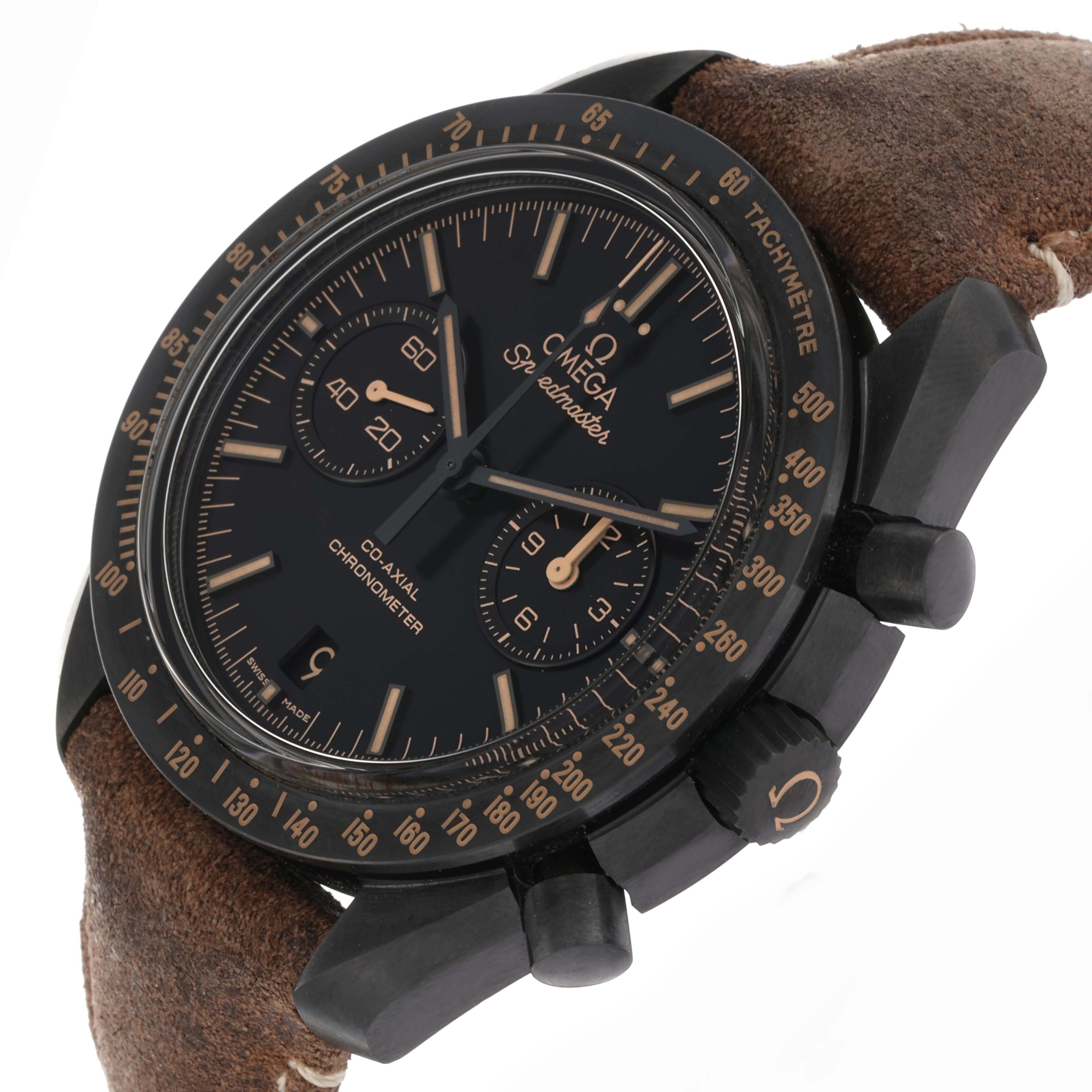 The Omega Speedmaster 311.92.44.51.01.006 Men's Ceramic Black Dial 311.92.44.51.01.006 Men's Ceramic Black Dial watch is shown at a diagonal angle, highlighting the face, tachymeter bezel, crown, pushers, and leather strap.