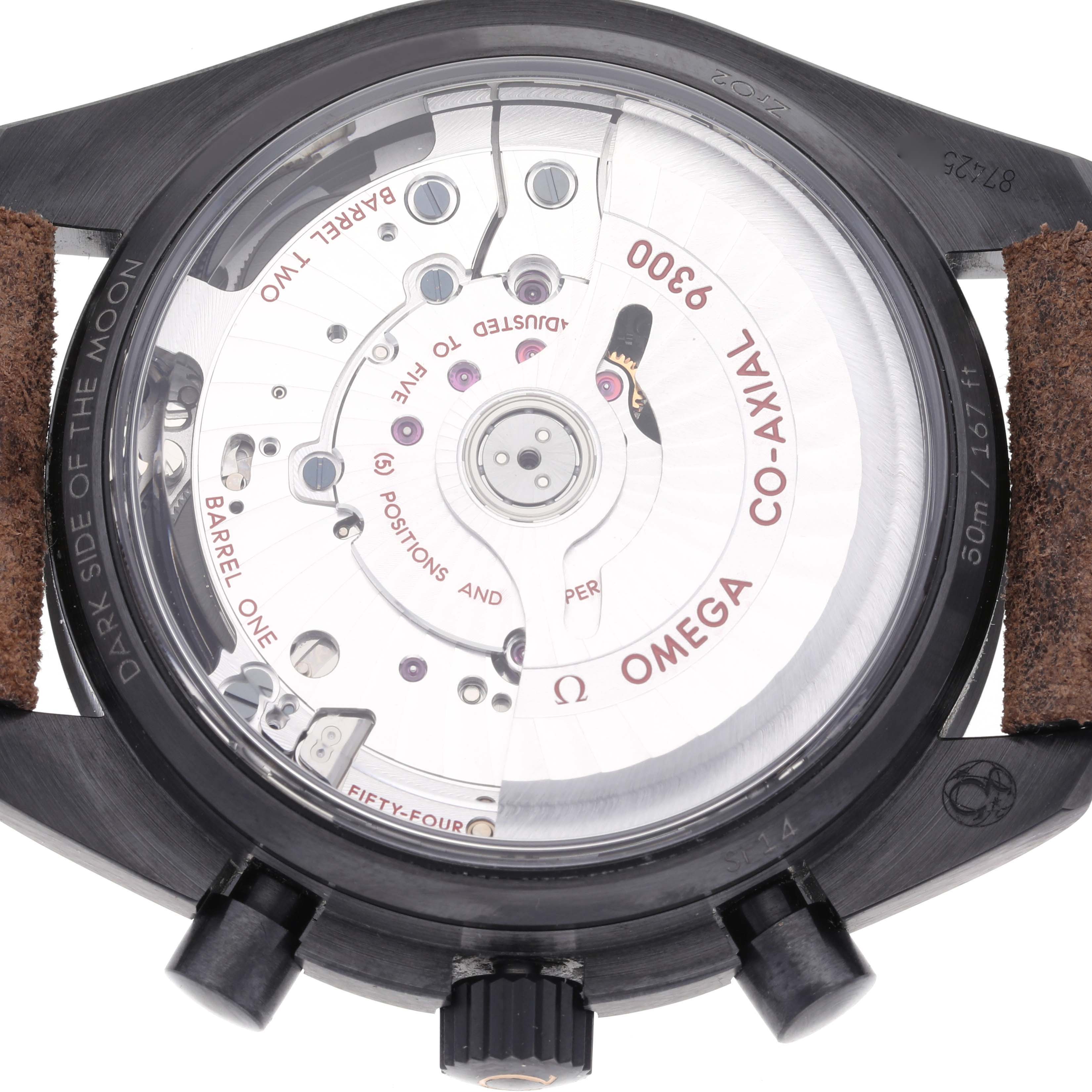 The image shows the back of the Omega Speedmaster 311.92.44.51.01.006 Men's Ceramic Black Dial 311.92.44.51.01.006 Men's Ceramic Black Dial, revealing its Co-Axial 9300 movement.