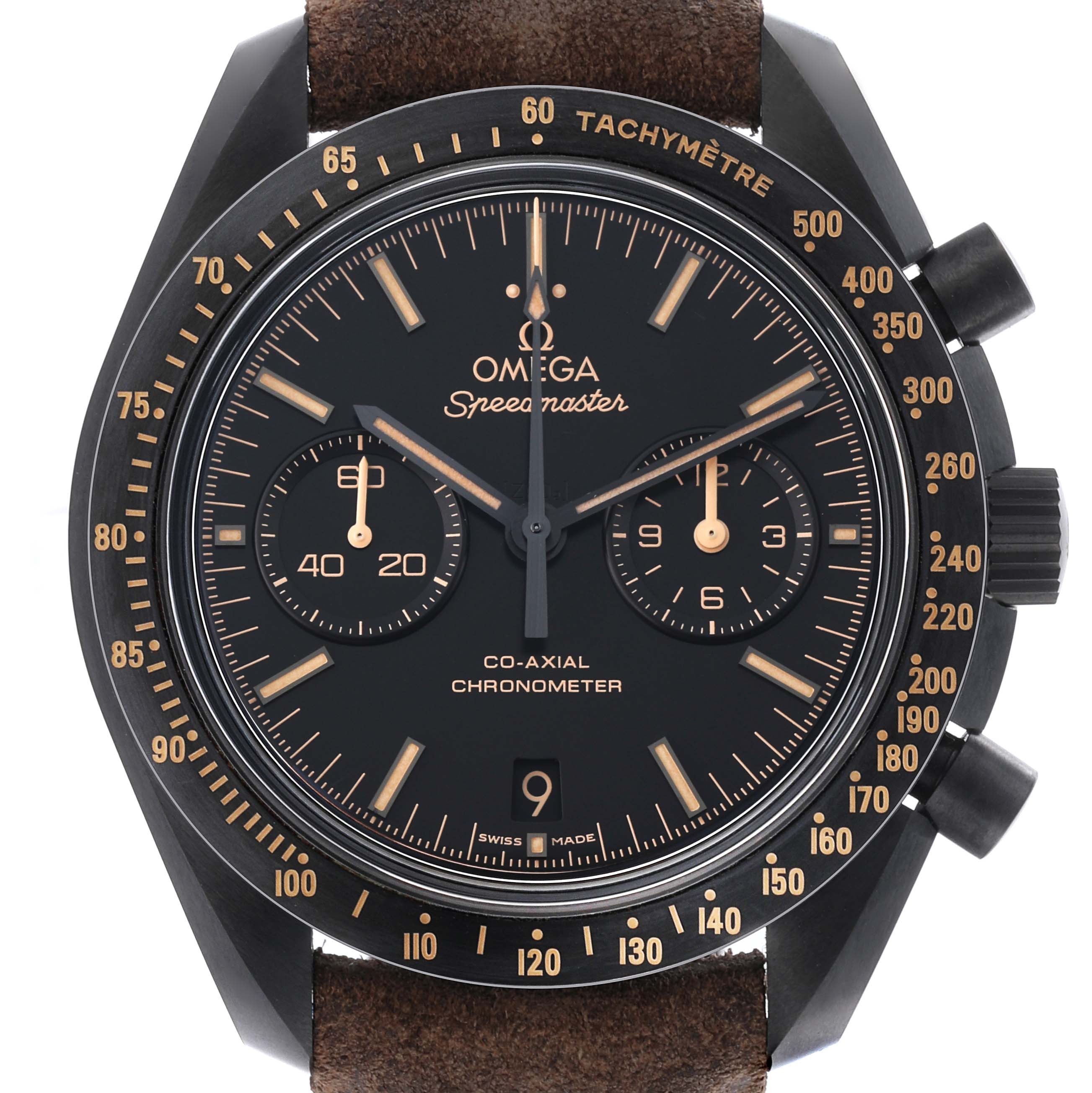 The Omega Speedmaster 311.92.44.51.01.006 Men's Ceramic Black Dial 311.92.44.51.01.006 Men's Ceramic Black Dial watch is shown from the front, displaying the face, tachymeter, sub-dials, and crown clearly.