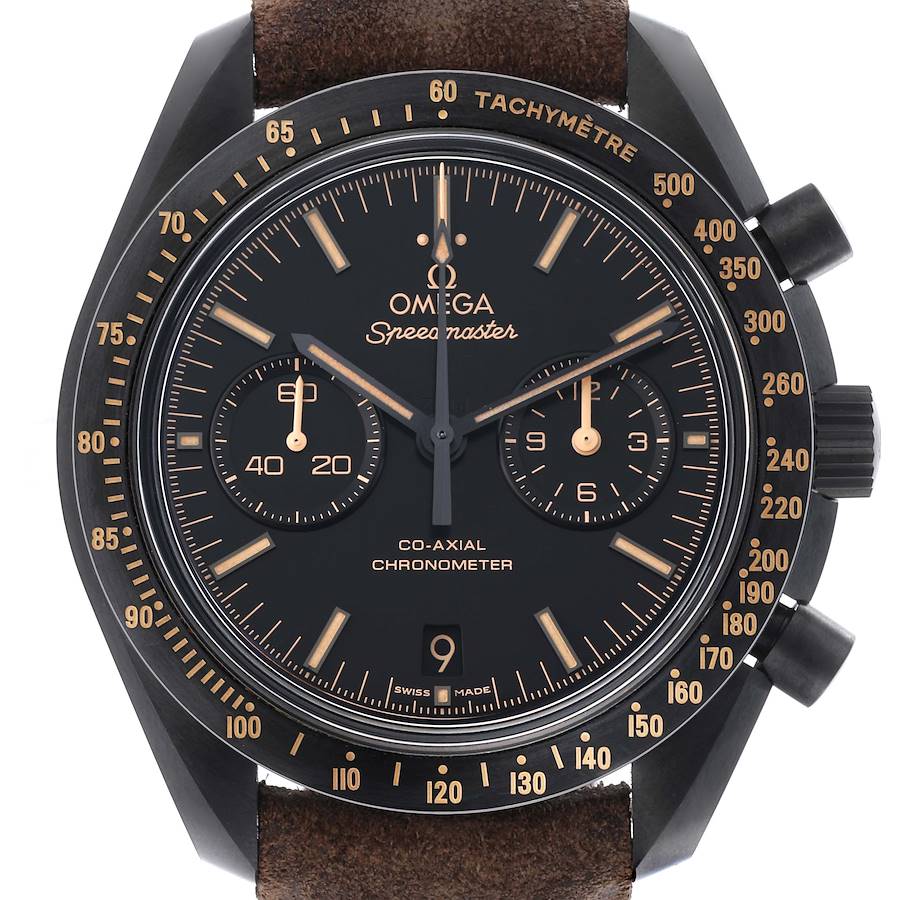 The Omega Speedmaster watch is shown from the front, displaying the face, tachymeter, sub-dials, and crown clearly.