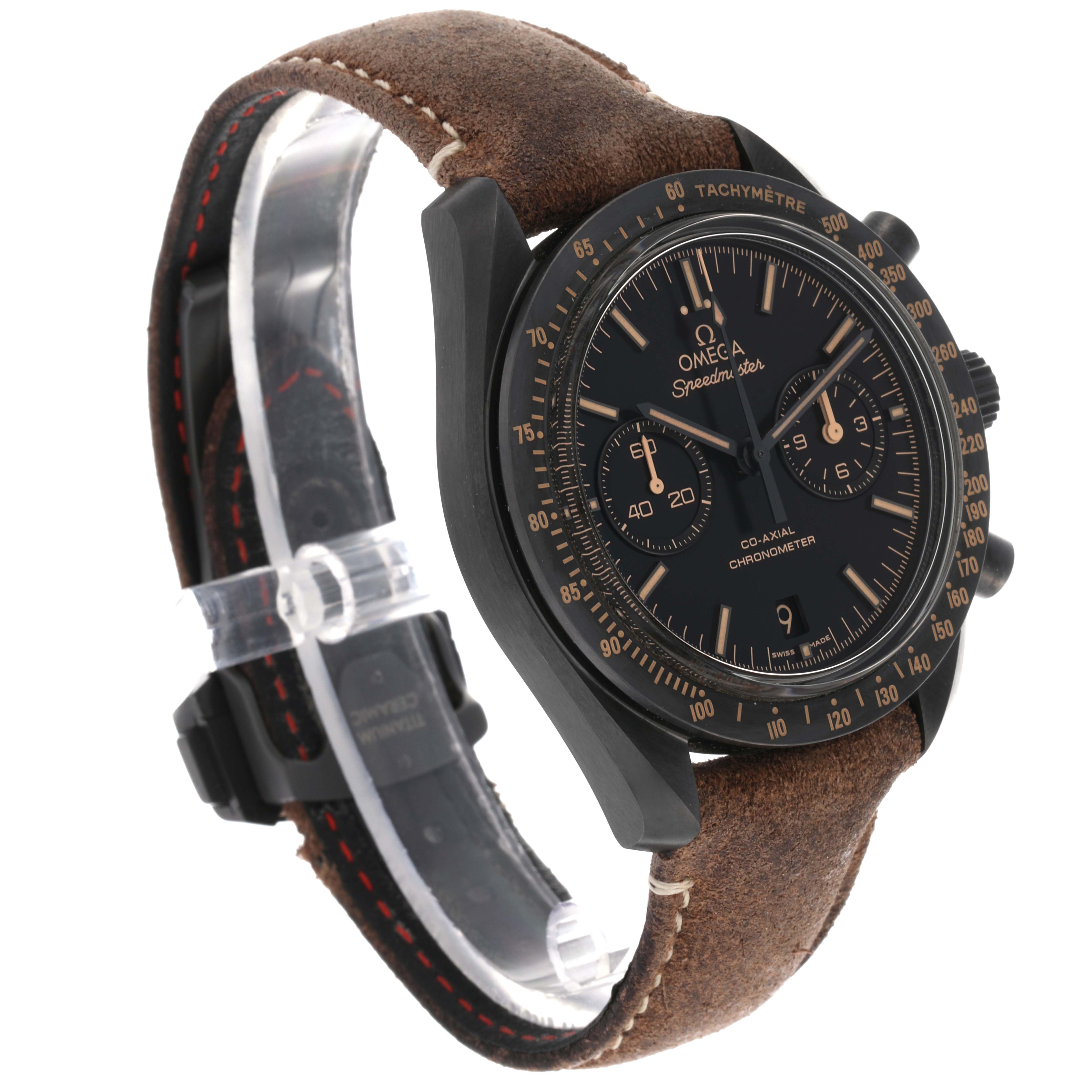 The Omega Speedmaster 311.92.44.51.01.006 Men's Ceramic Black Dial 311.92.44.51.01.006 Men's Ceramic Black Dial watch is shown from an angle highlighting the dial, bezel, and brown suede strap.
