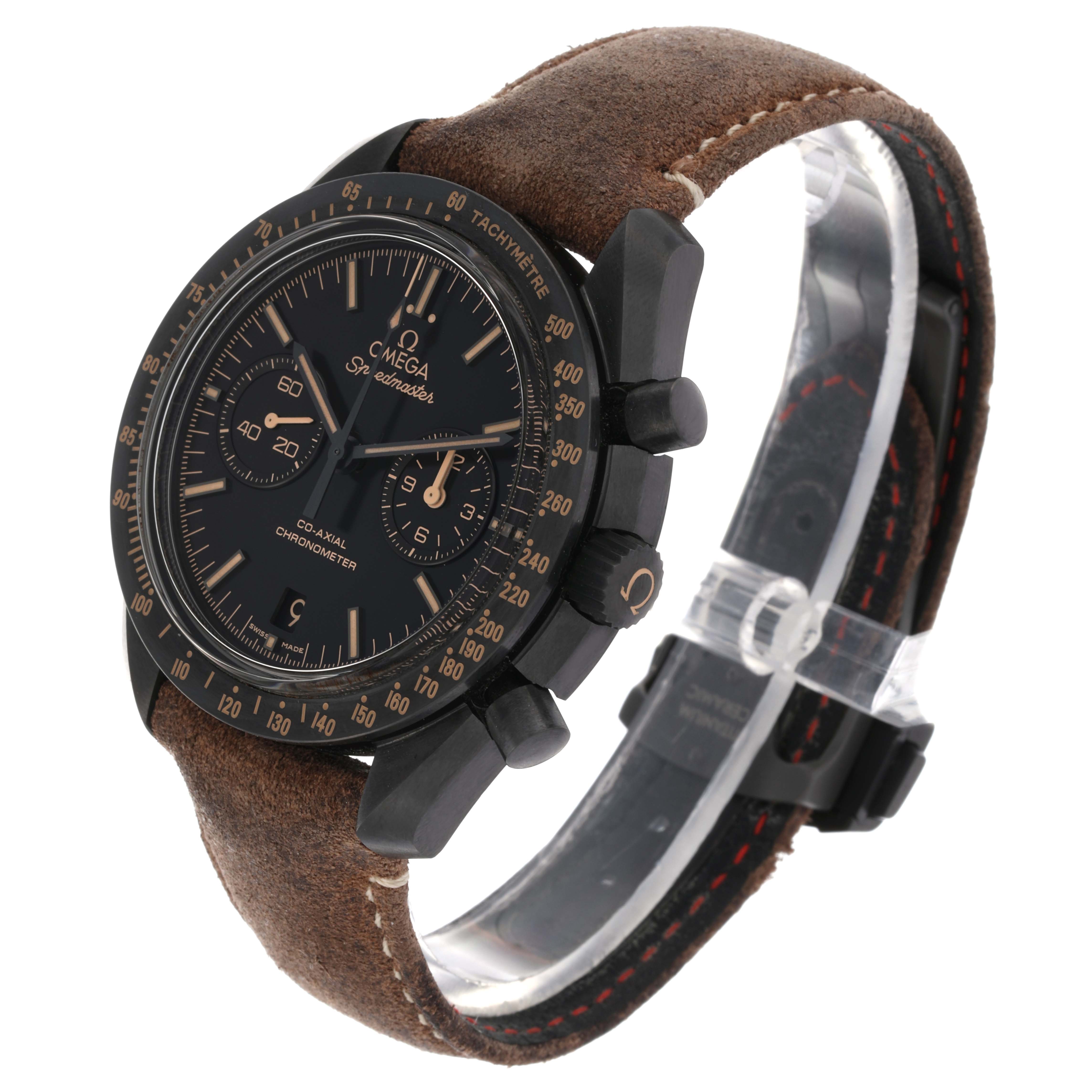 The Omega Speedmaster 311.92.44.51.01.006 Men's Ceramic Black Dial 311.92.44.51.01.006 Men's Ceramic Black Dial watch is shown in a three-quarter angle displaying the dial, bezel, and brown leather strap.