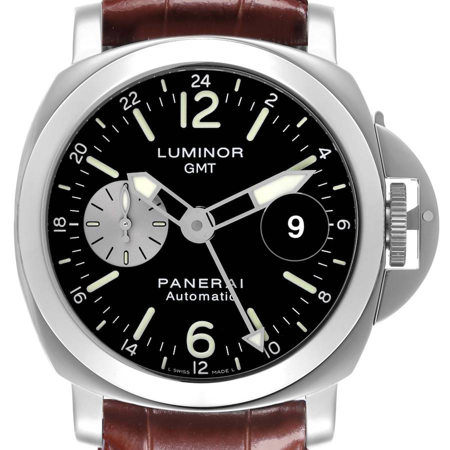 The Luminor model by Panerai is shown from a front angle, highlighting the dial, crown guard, and leather strap.