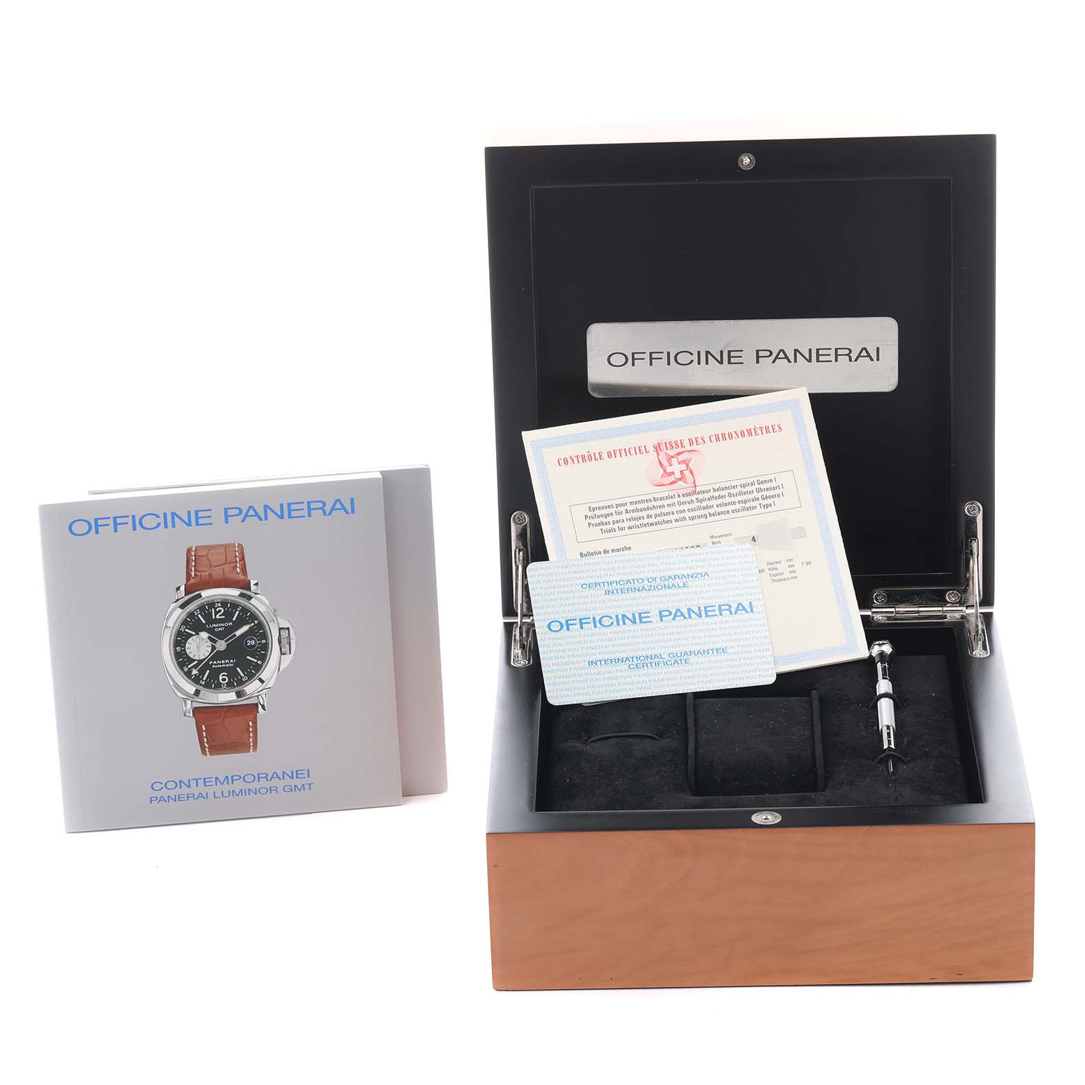 The image shows the box and accessories for a Panerai Luminor PAM00088 Men
s Stainless Steel Black Dial PAM00088 Men
s Stainless Steel Black Dial model, including a manual, certificate, and storage box.