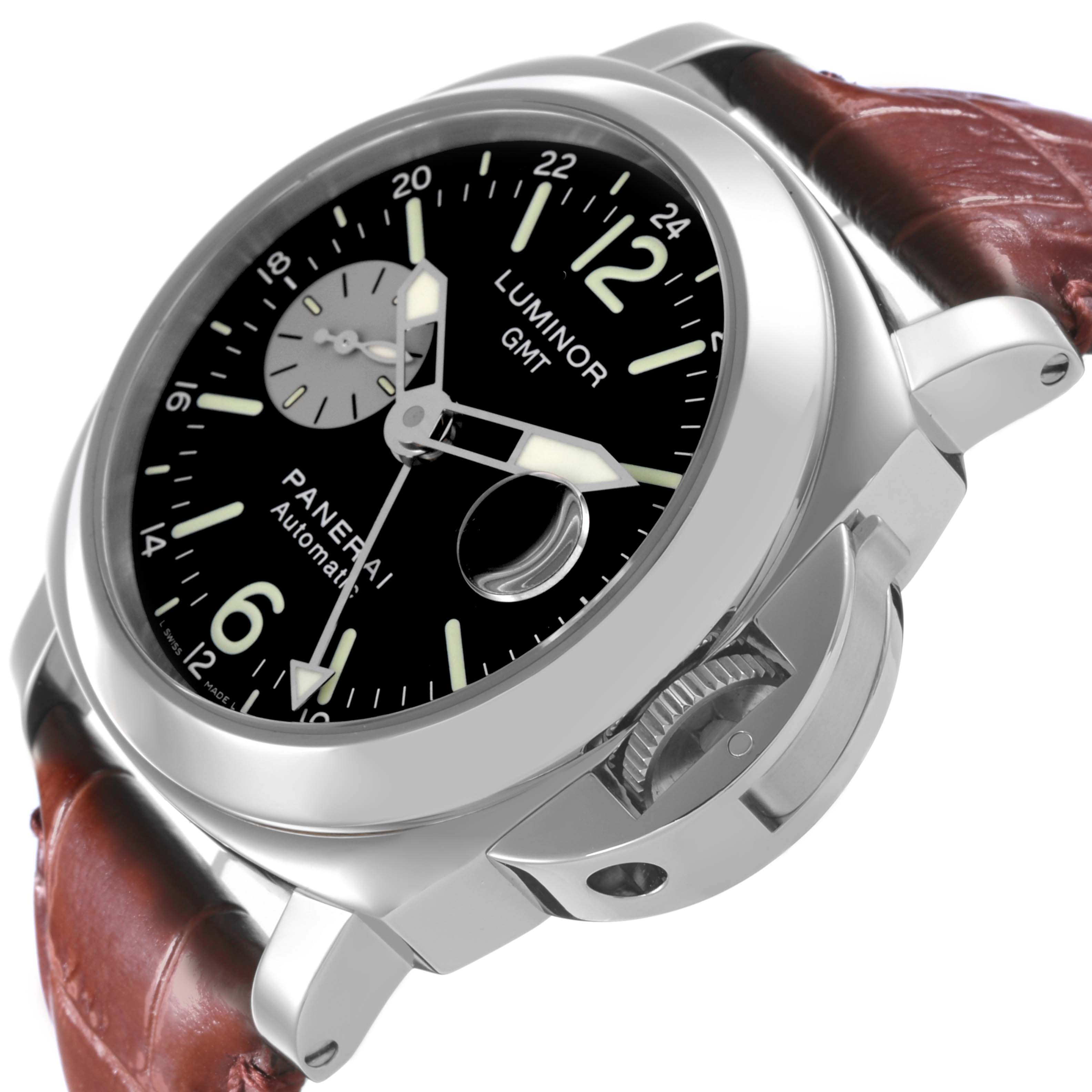 The image shows a Panerai Luminor PAM00088 Men
s Stainless Steel Black Dial PAM00088 Men
s Stainless Steel Black Dial watch at a diagonal angle, highlighting the dial, crown guard, and leather strap.