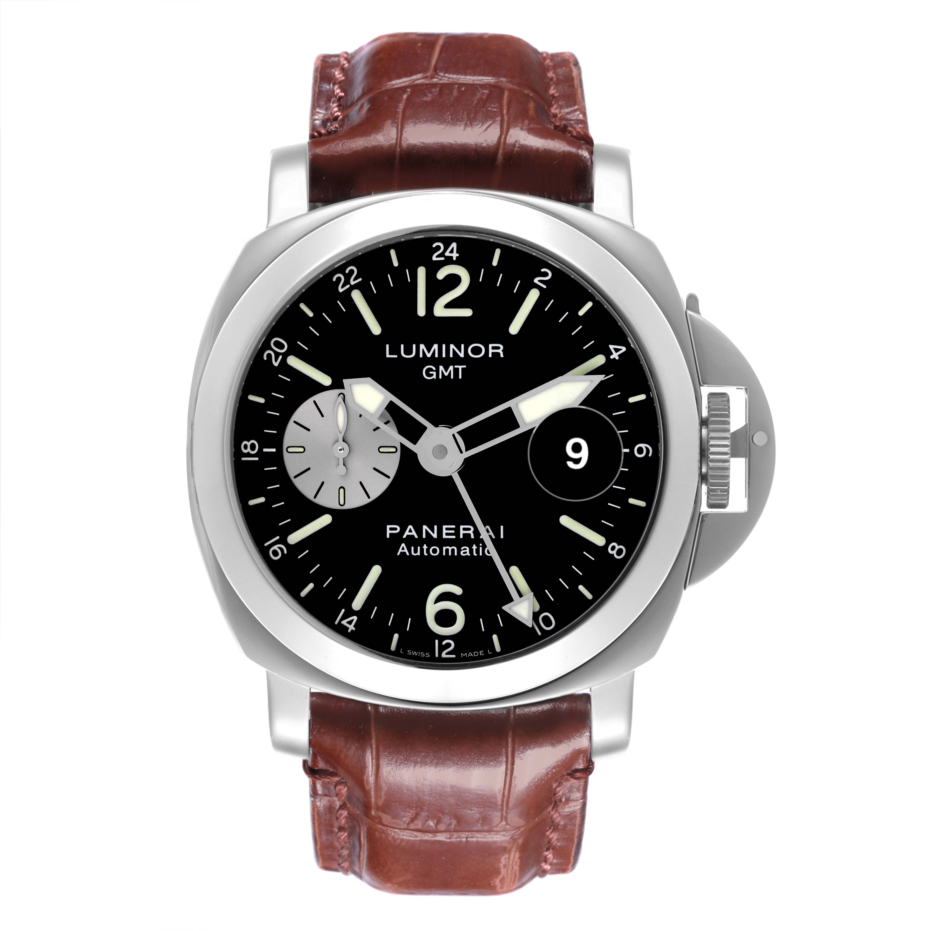 The image shows a Panerai Luminor PAM00088 Men
s Stainless Steel Black Dial PAM00088 Men
s Stainless Steel Black Dial watch from a front angle, highlighting the face, crown guard, and leather strap.