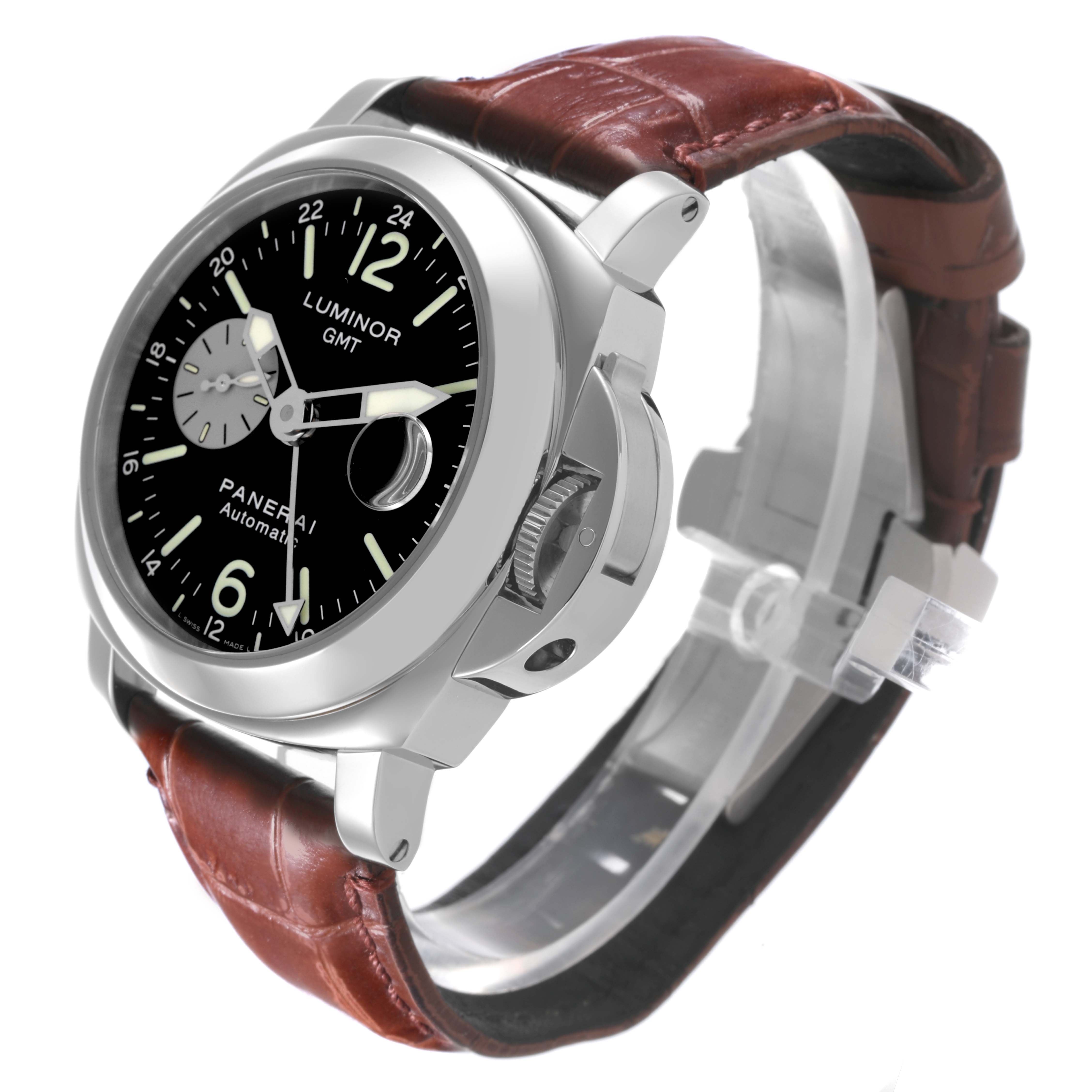 The Panerai Luminor PAM00088 Men
s Stainless Steel Black Dial PAM00088 Men
s Stainless Steel Black Dial watch is shown at a slight angle, highlighting the dial, crown guard, and brown leather strap.