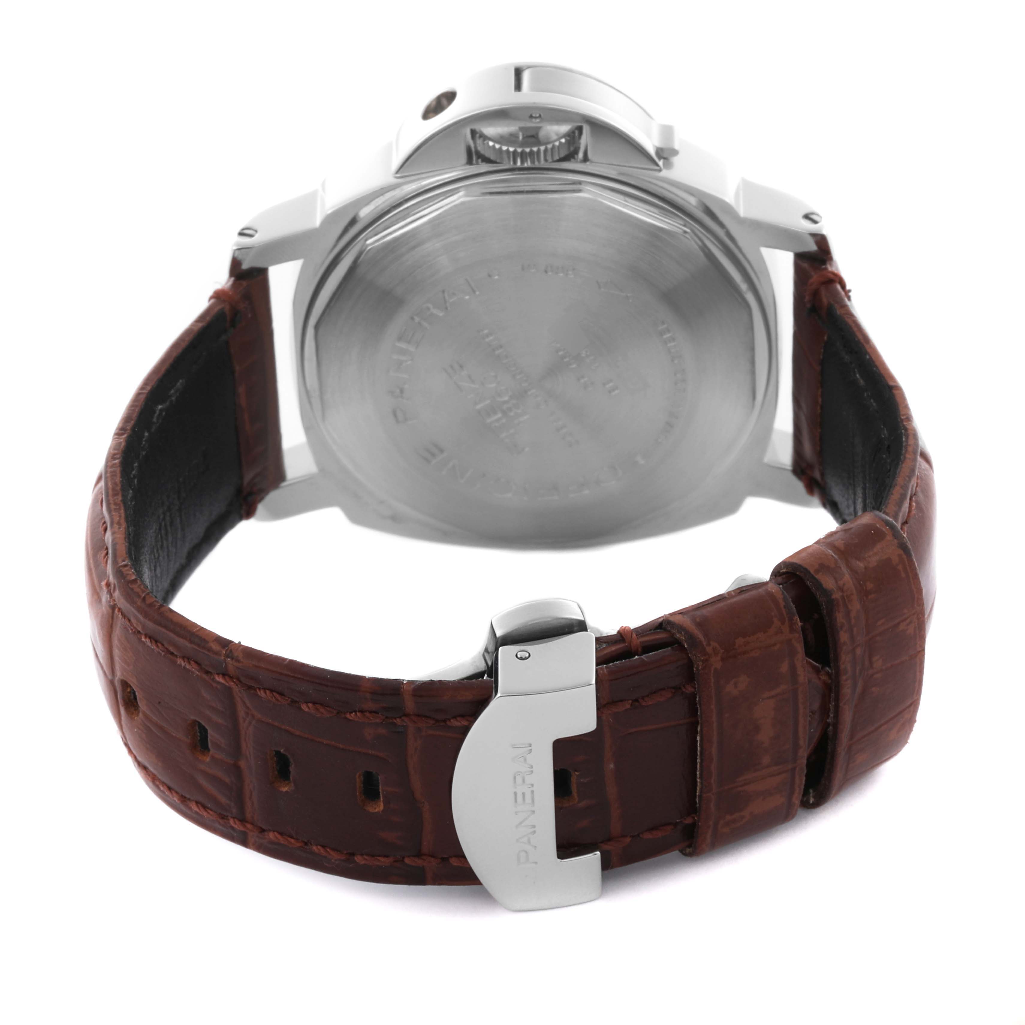 The image shows the back of the Panerai Luminor PAM00088 Men
s Stainless Steel Black Dial PAM00088 Men
s Stainless Steel Black Dial watch, highlighting the case back, crown, and leather strap with a buckle.