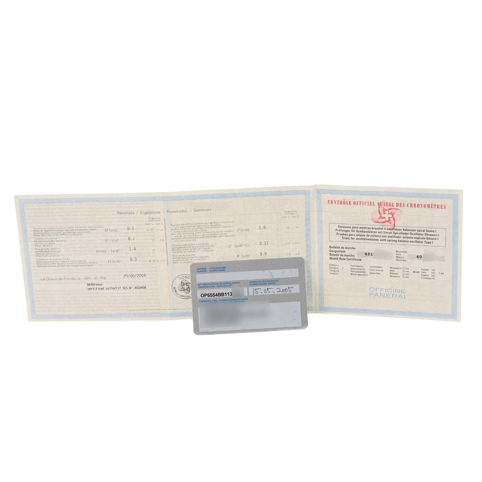 The image shows documents and a card for a Panerai Luminor PAM00088 Men
s Stainless Steel Black Dial PAM00088 Men
s Stainless Steel Black Dial model, viewed from above.