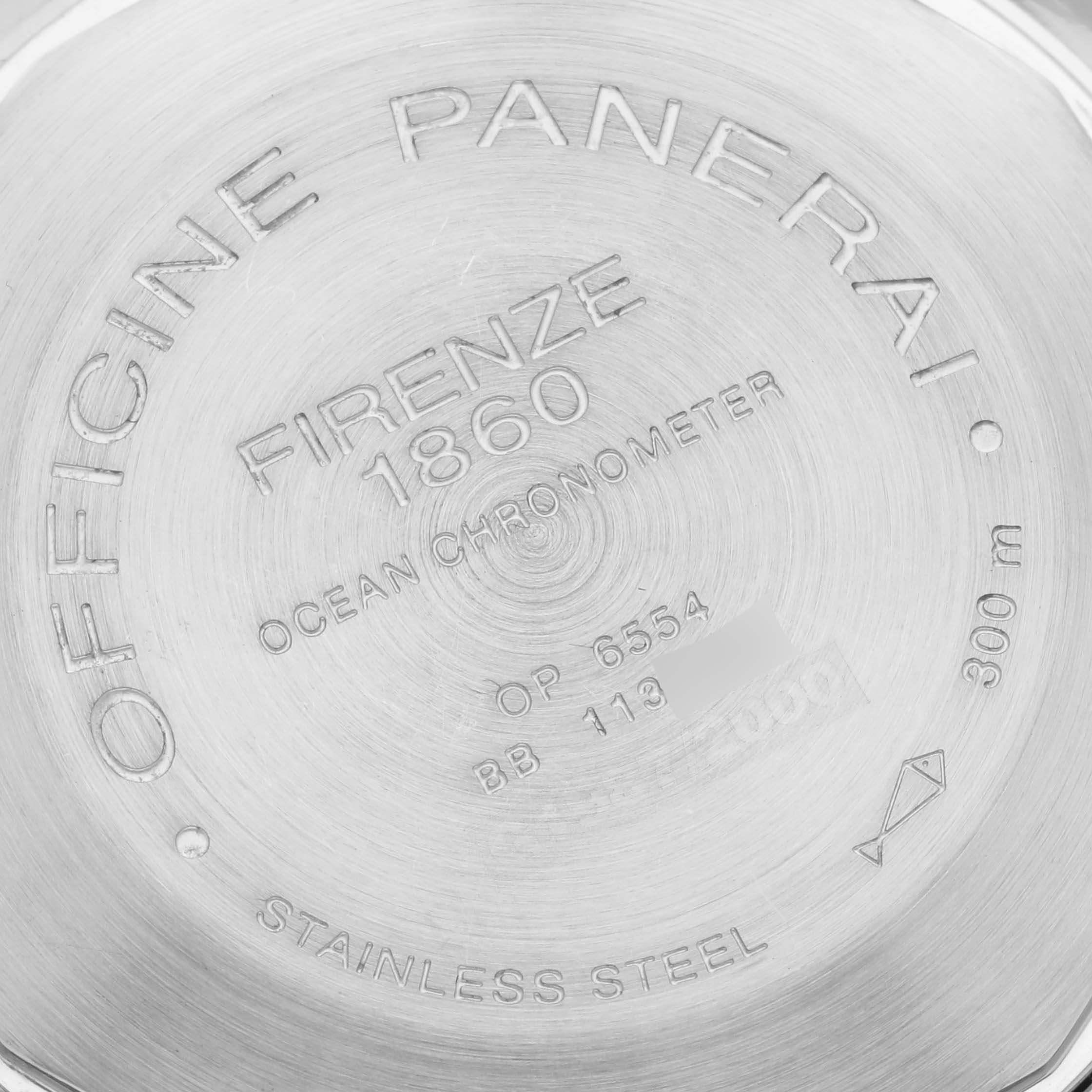 The image shows the back case of a Panerai Luminor PAM00088 Men
s Stainless Steel Black Dial PAM00088 Men
s Stainless Steel Black Dial watch, displaying engraved details and specifications.